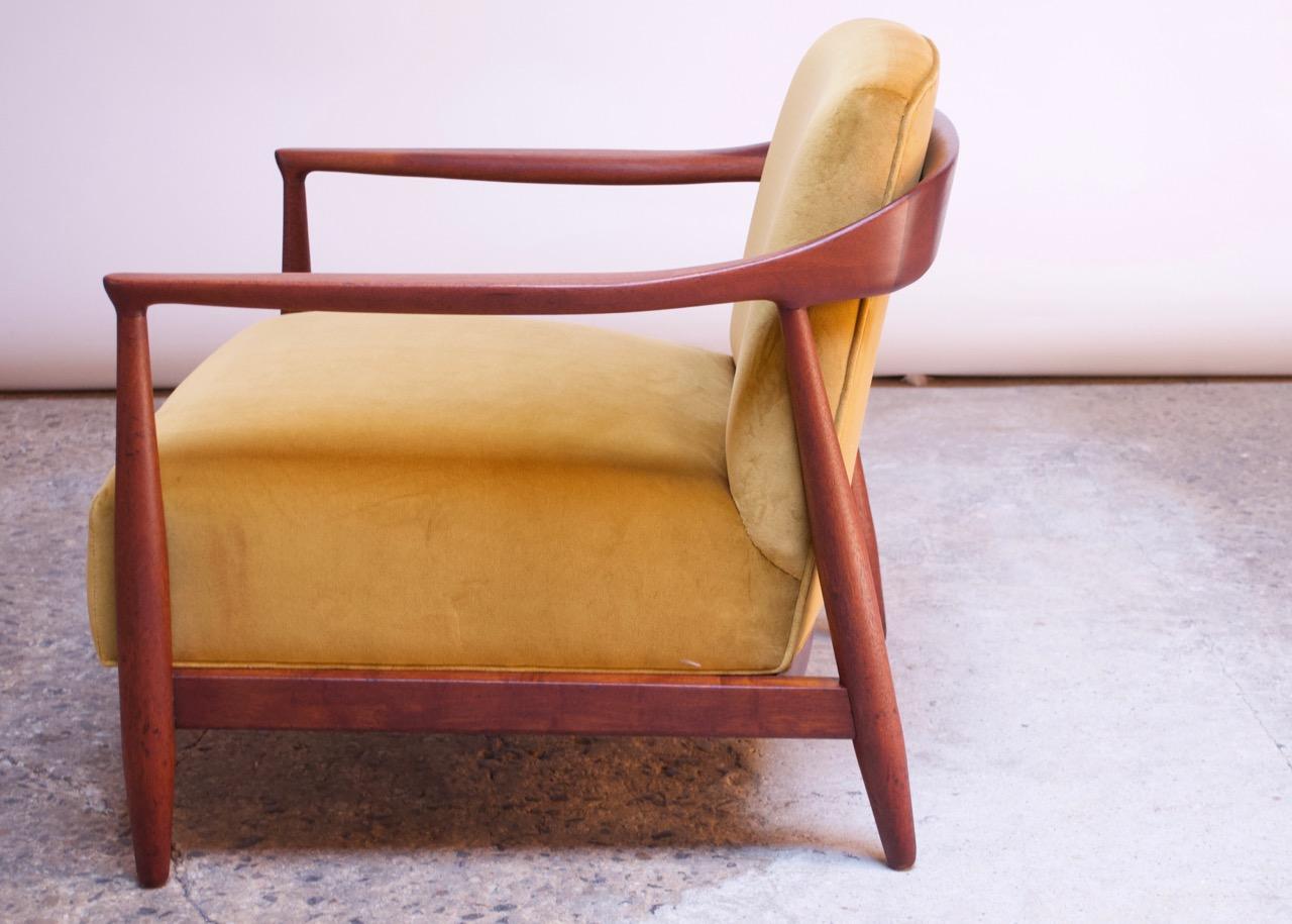 Midcentury Italian Modern Sculpted Walnut and Ochre Velvet Lounge Chair 3