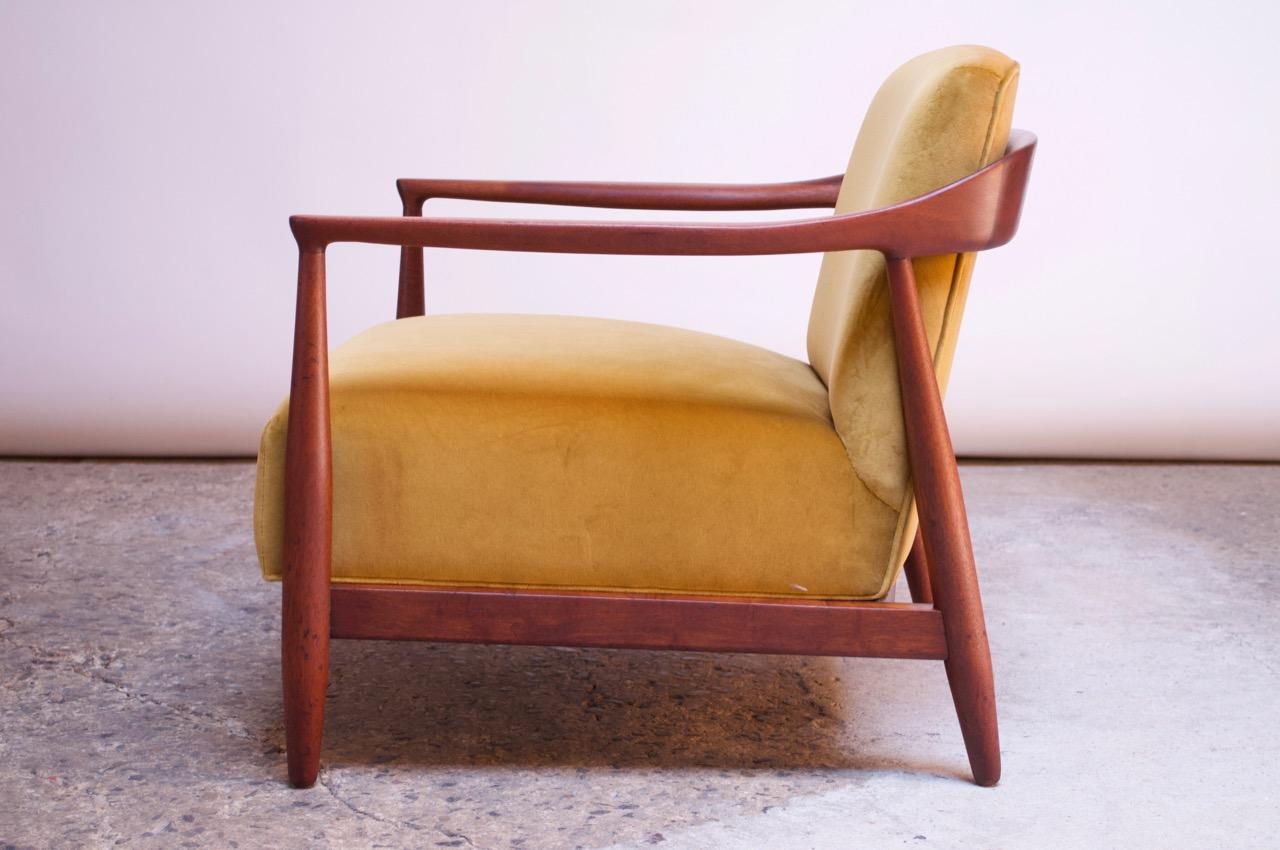 Midcentury Italian Modern Sculpted Walnut and Ochre Velvet Lounge Chair 4