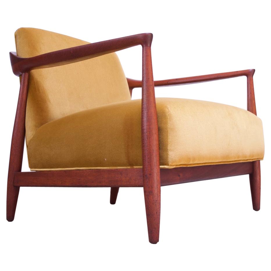 Midcentury Italian Modern Sculpted Walnut and Ochre Velvet Lounge Chair