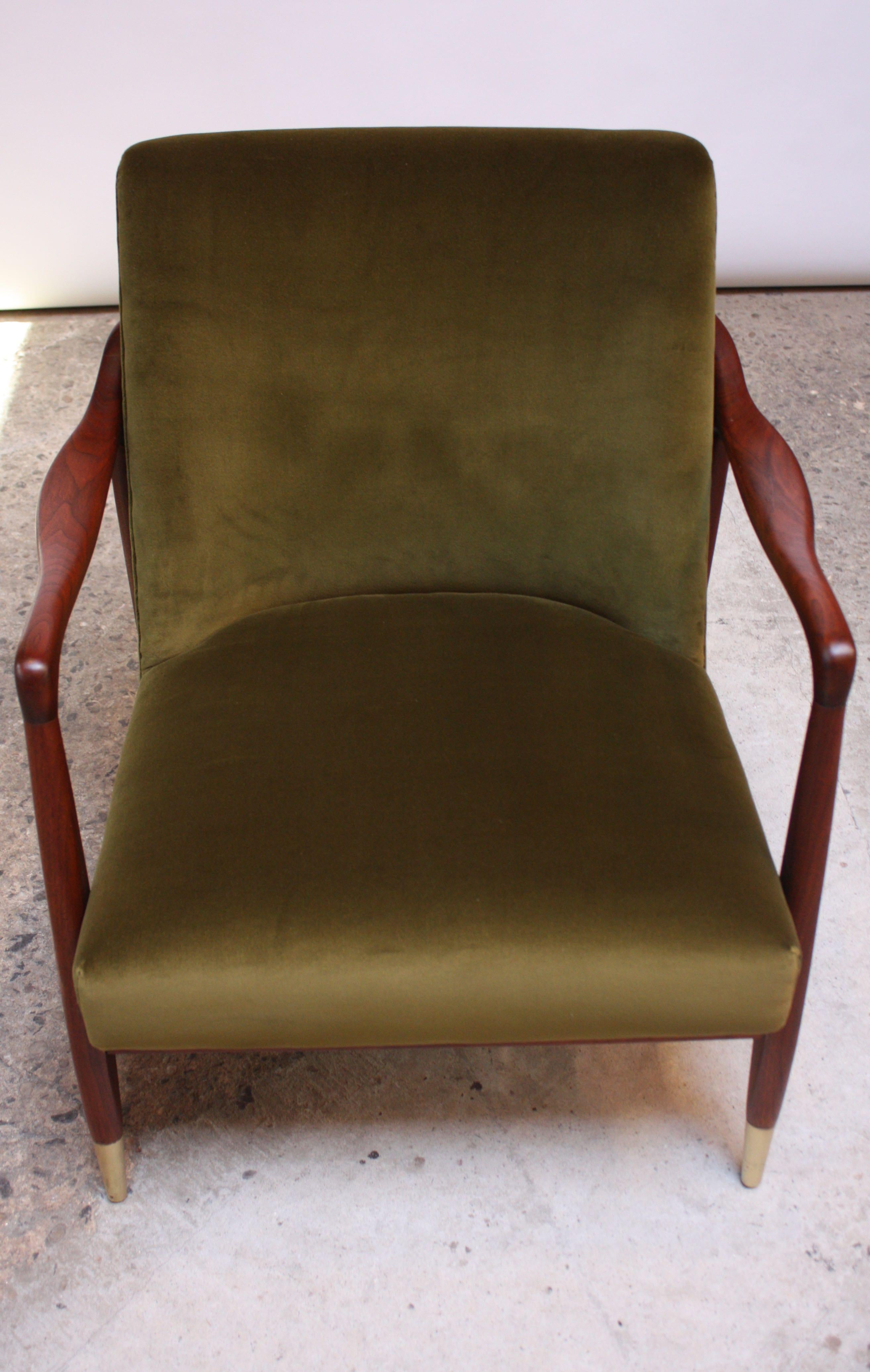 Mid-Century Modern Midcentury Italian Modern Sculpted Walnut and Velvet Lounge Chair