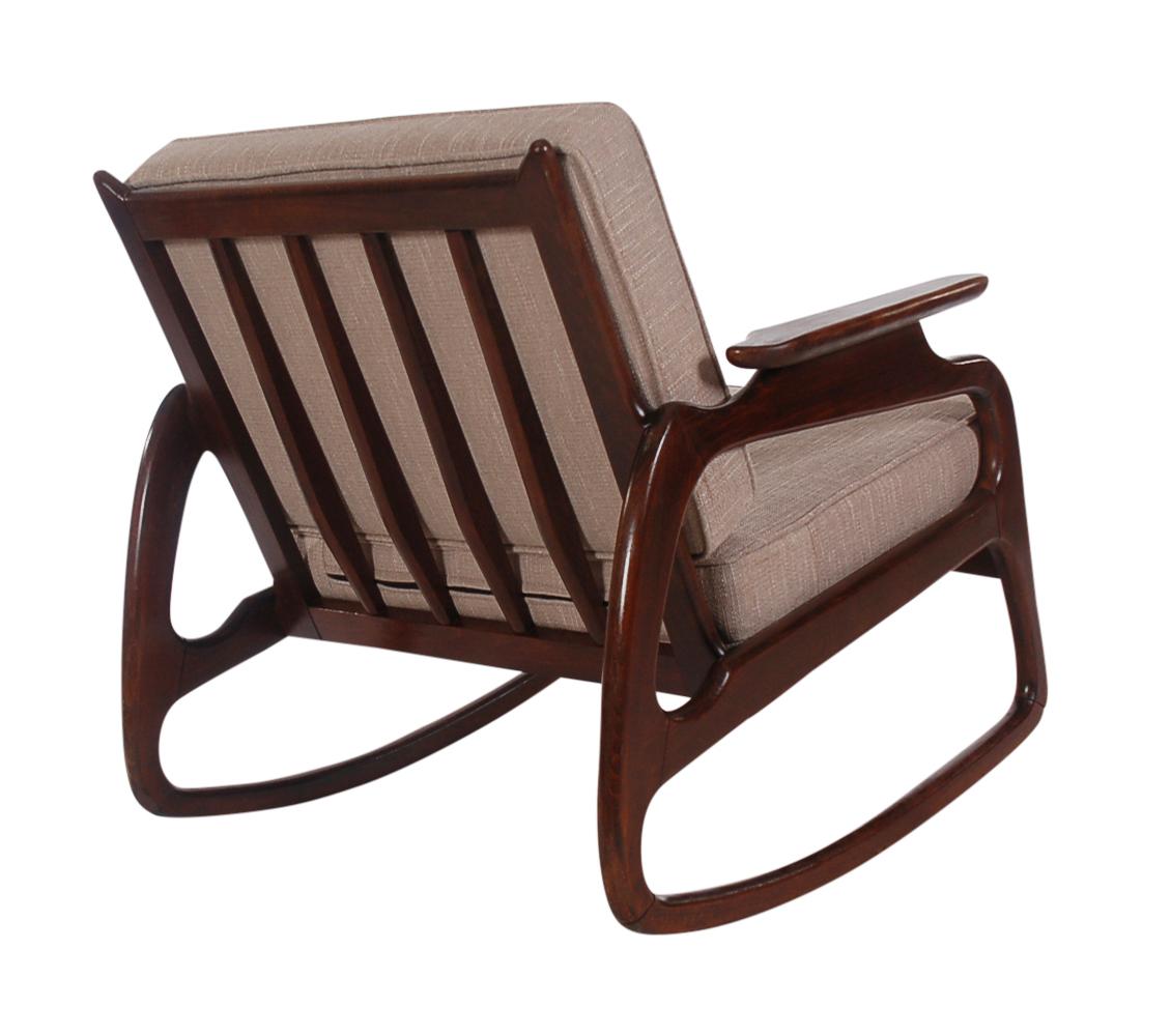 Fabric Mid Century Italian Modern Sculptural Rocking Chair in Walnut after Gio Ponti For Sale
