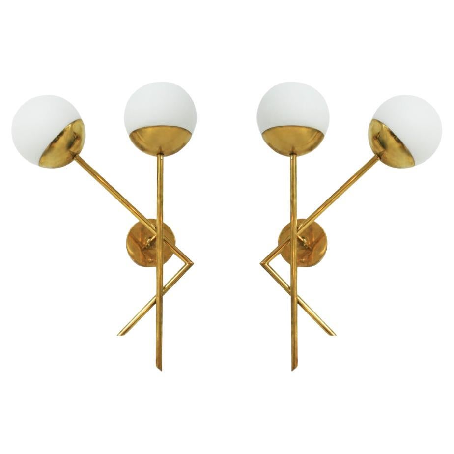 Set di 2 lampade in ottone e vetro in stile moderno italiano del metà secolo