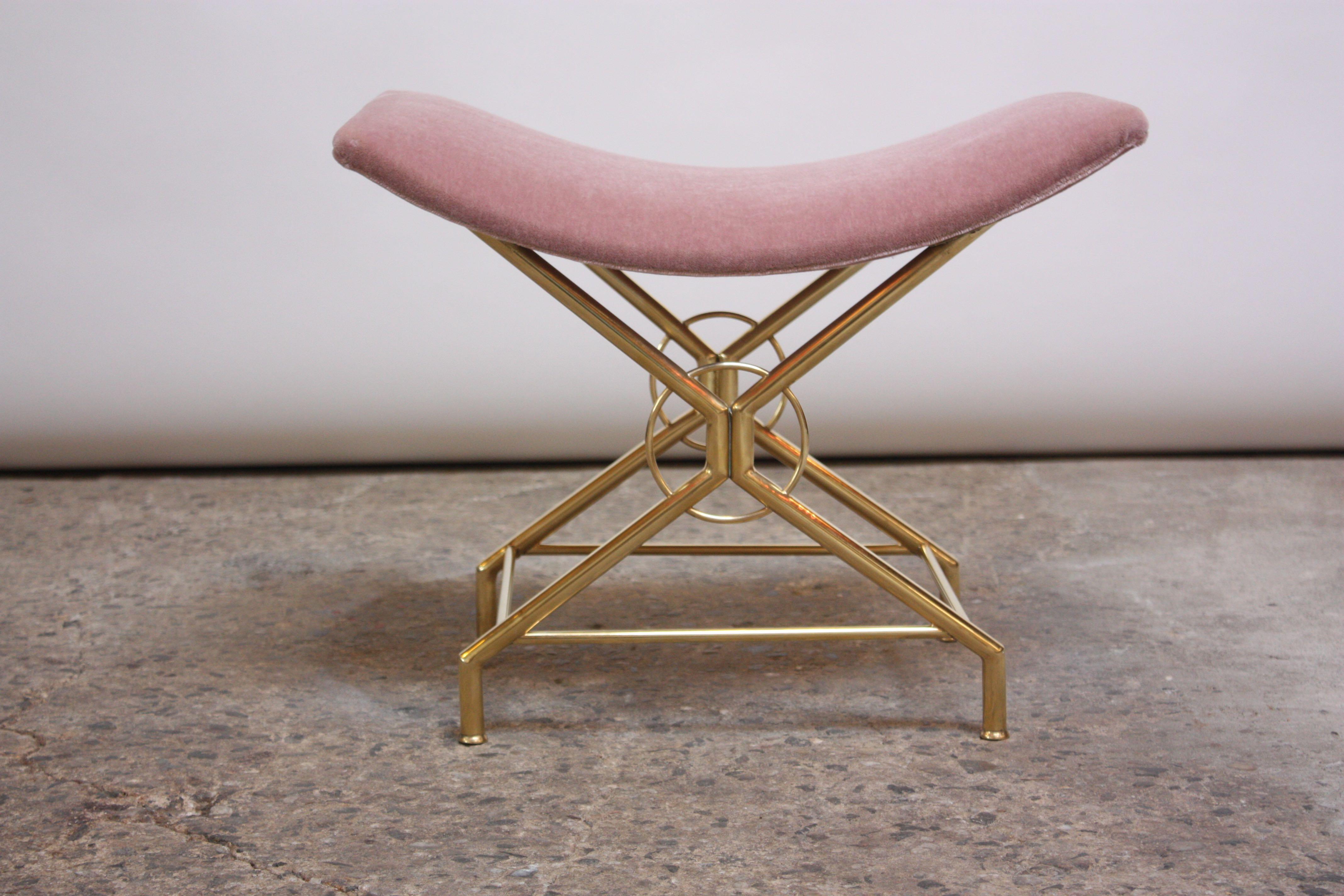 1960s Italian brass vanity stool / bench newly re-upholstered in pink mohair. 
Brass is in nice, polished condition. 
Impressed mark 'Made in Italy' to frame.
 