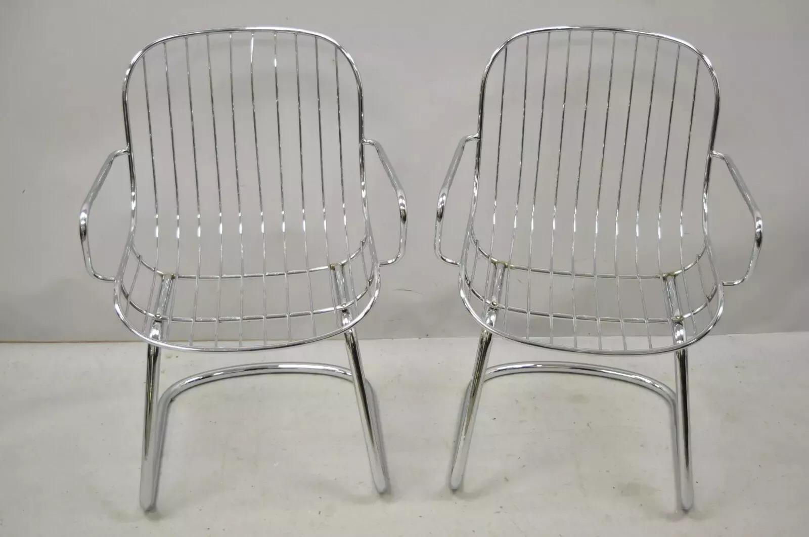 Mid Century Italian Modern Tubular Chrome Cantilever Dining Arm Chair - Set of 4 For Sale 4