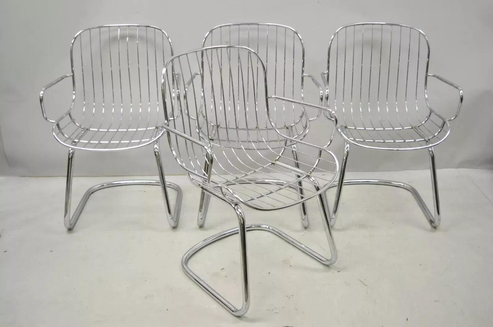 Mid Century Italian Modern Tubular Chrome Cantilever Dining Arm Chair - Set of 4 For Sale 5
