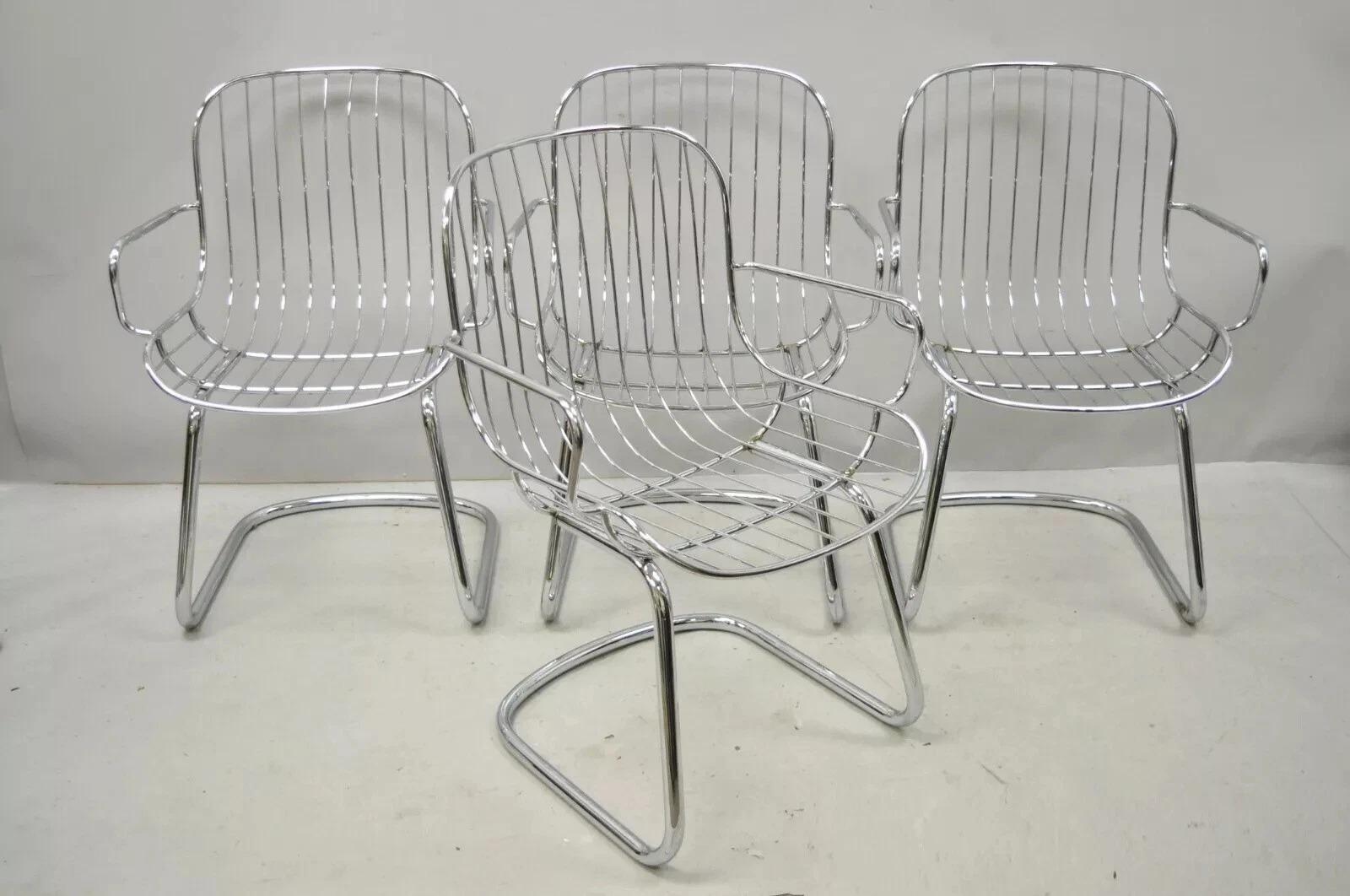Fauteuil de salle à manger en porte-à-faux tubulaire chromé mi-siècle moderne, lot de 4 en vente 4