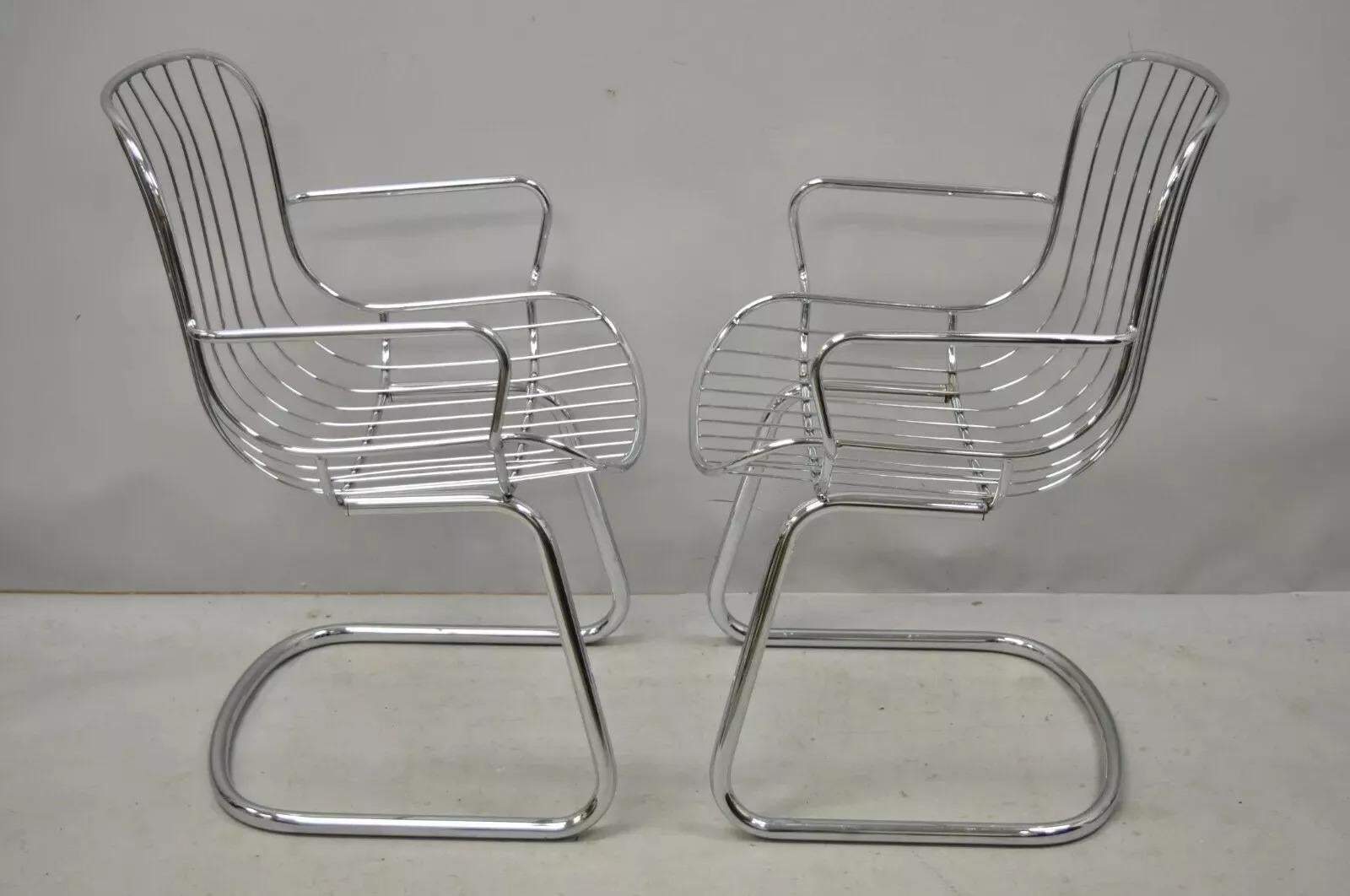 20th Century Mid Century Italian Modern Tubular Chrome Cantilever Dining Arm Chair - Set of 4 For Sale