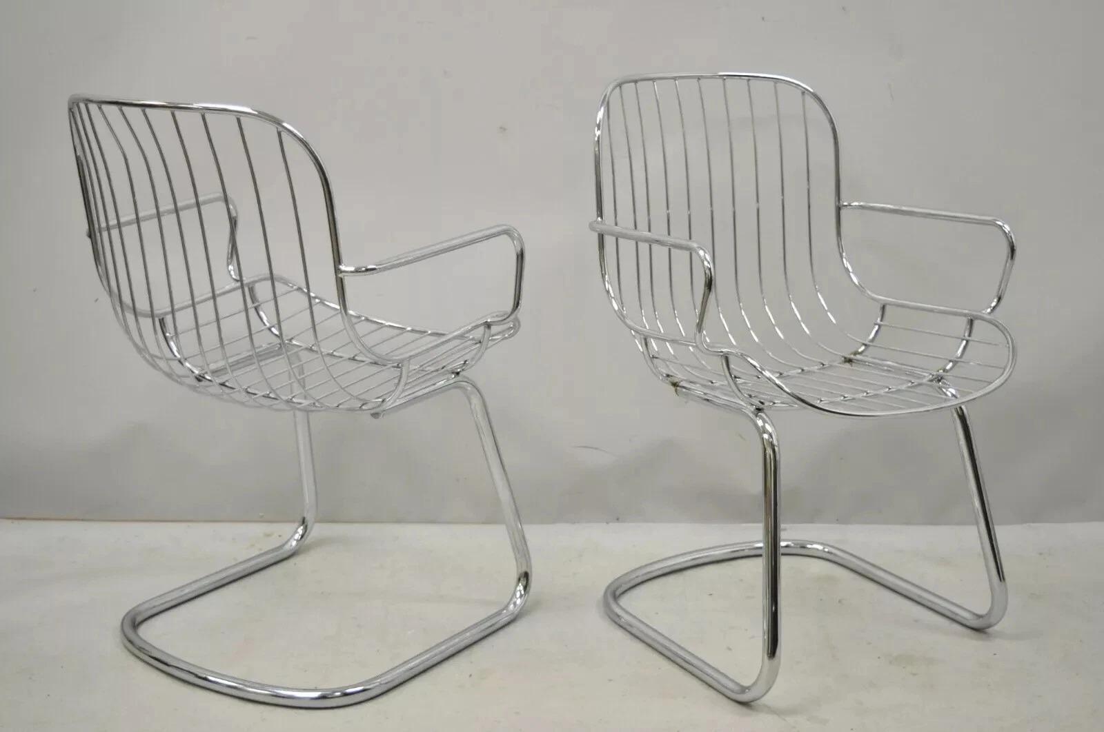 Fauteuil de salle à manger en porte-à-faux tubulaire chromé mi-siècle moderne, lot de 4 en vente 1