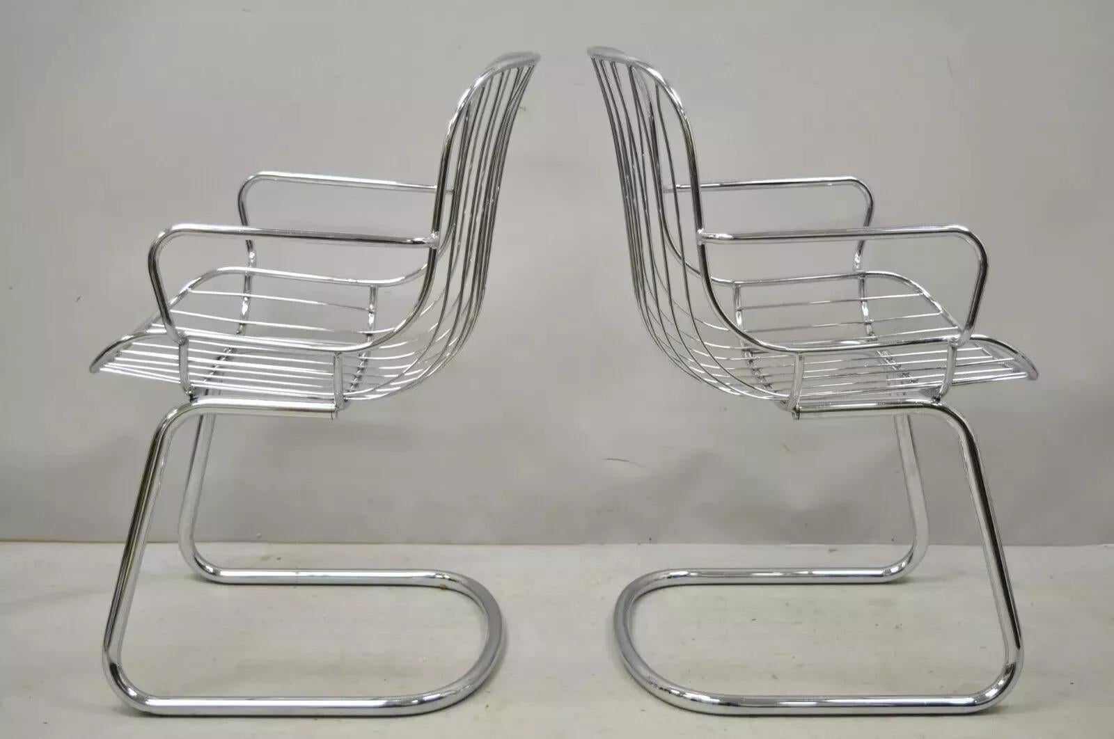 Mid Century Italian Modern Tubular Chrome Cantilever Dining Arm Chair - Set of 4 For Sale 3