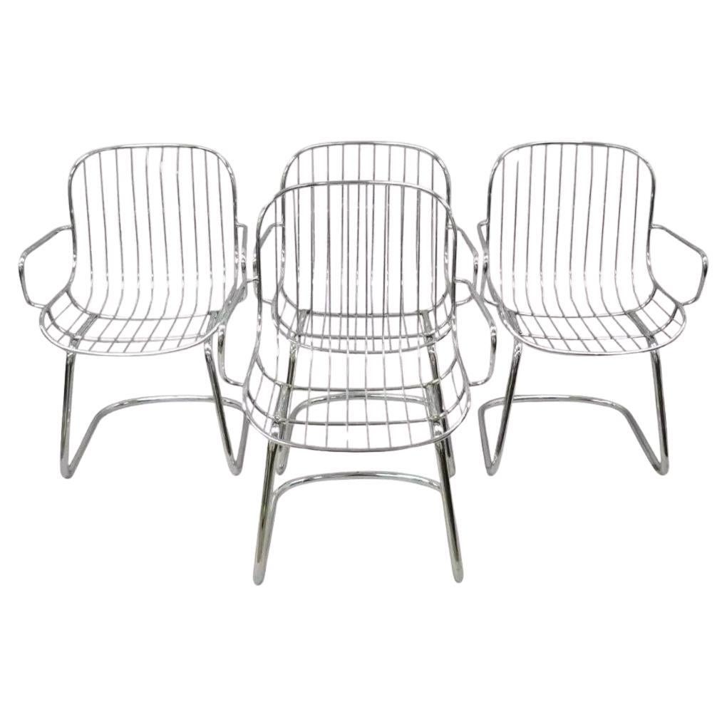 Mid Century Italian Modern Tubular Chrome Cantilever Dining Arm Chair - Set of 4 For Sale