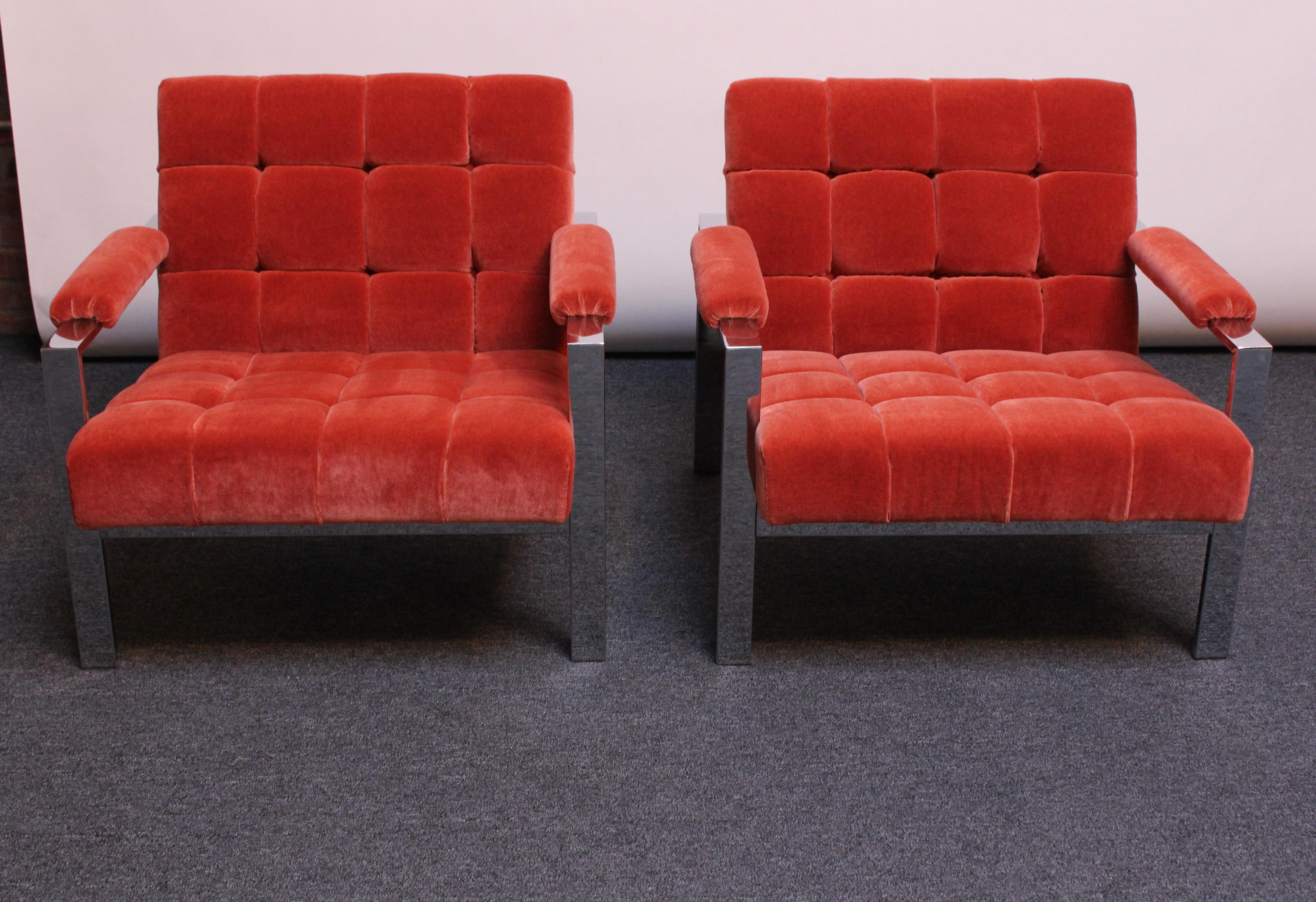Mid-Century Modern Mid-Century Italian Modern Tufted Mohair and Chrome Lounge Chairs For Sale