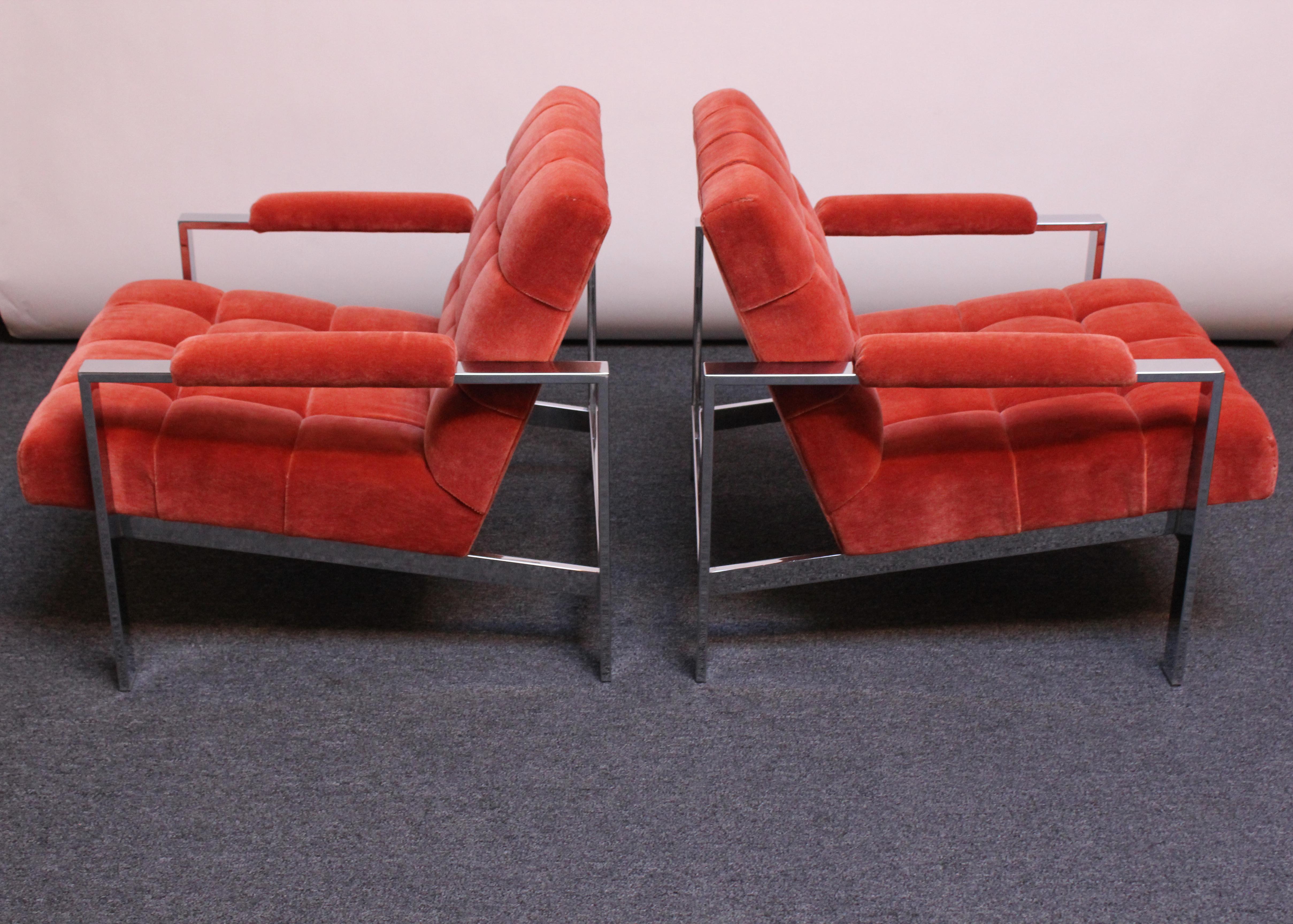 American Mid-Century Italian Modern Tufted Mohair and Chrome Lounge Chairs For Sale