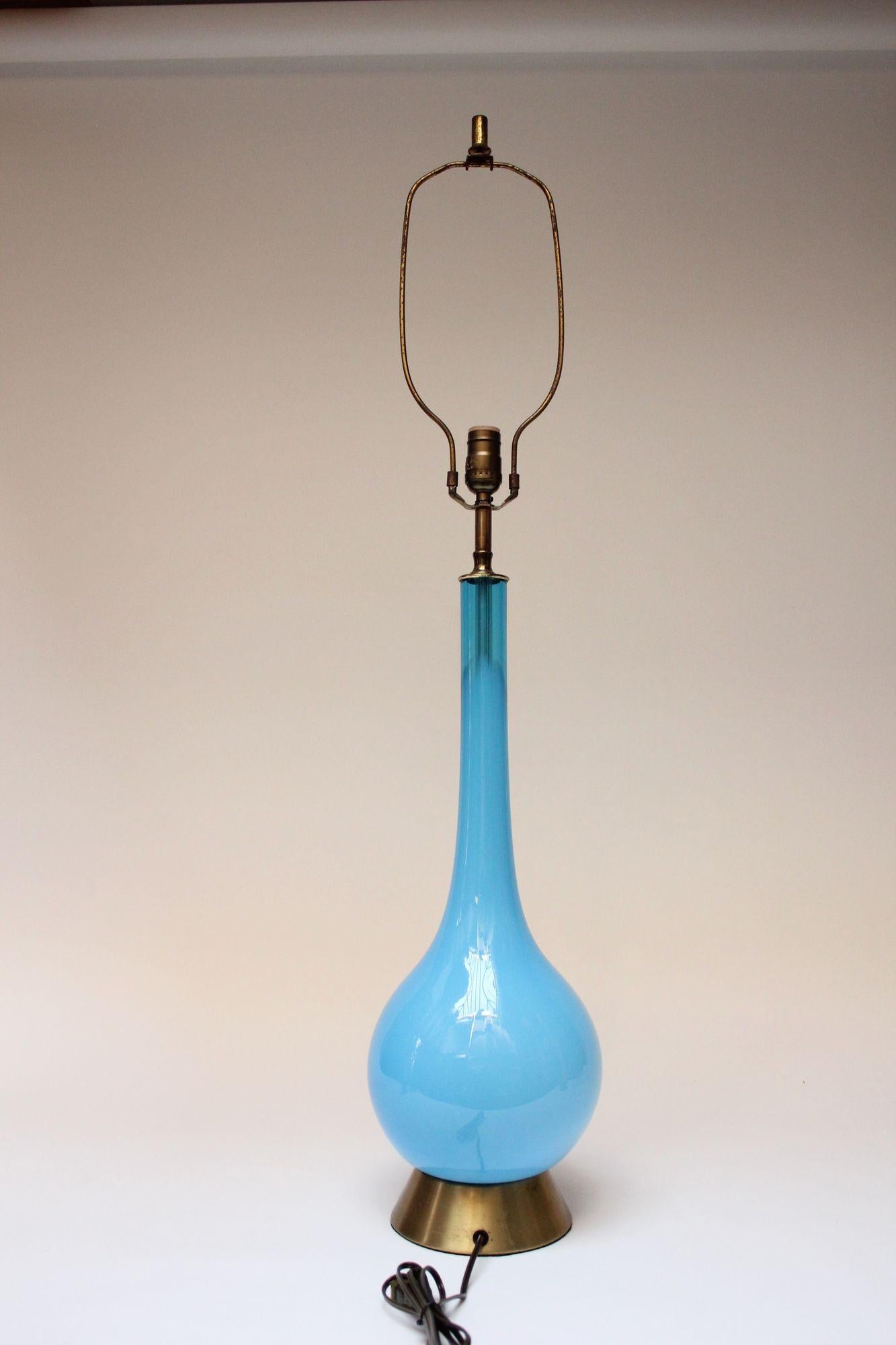 Mid-Century Modern Midcentury Italian Modern Turquoise Blown Glass Lamp on Brass Base For Sale