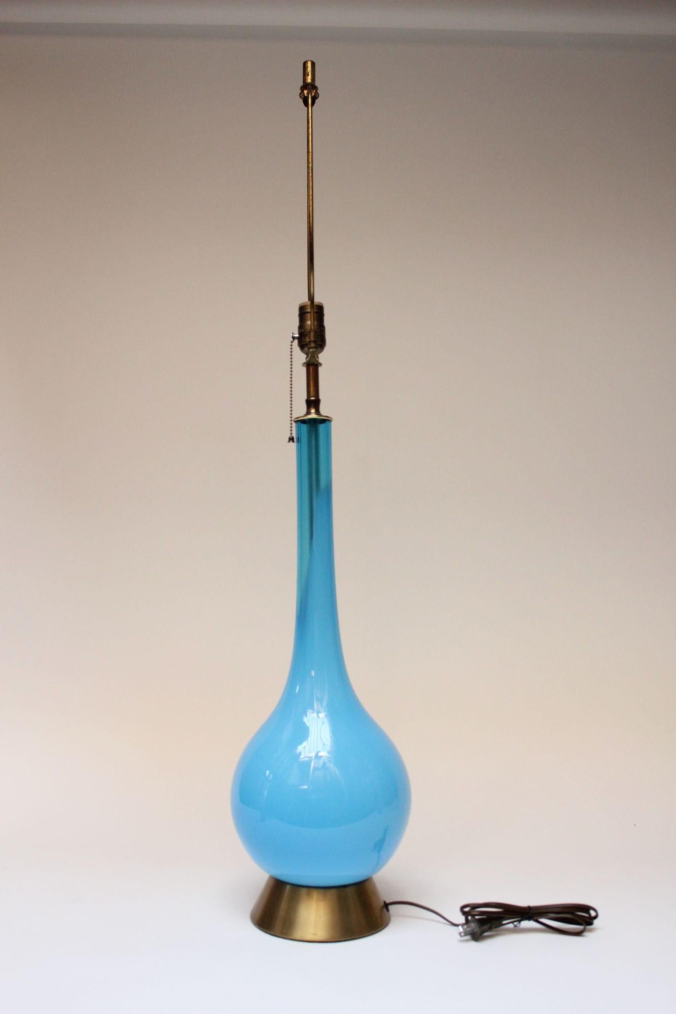 Midcentury Italian Modern Turquoise Blown Glass Lamp on Brass Base In Good Condition For Sale In Brooklyn, NY