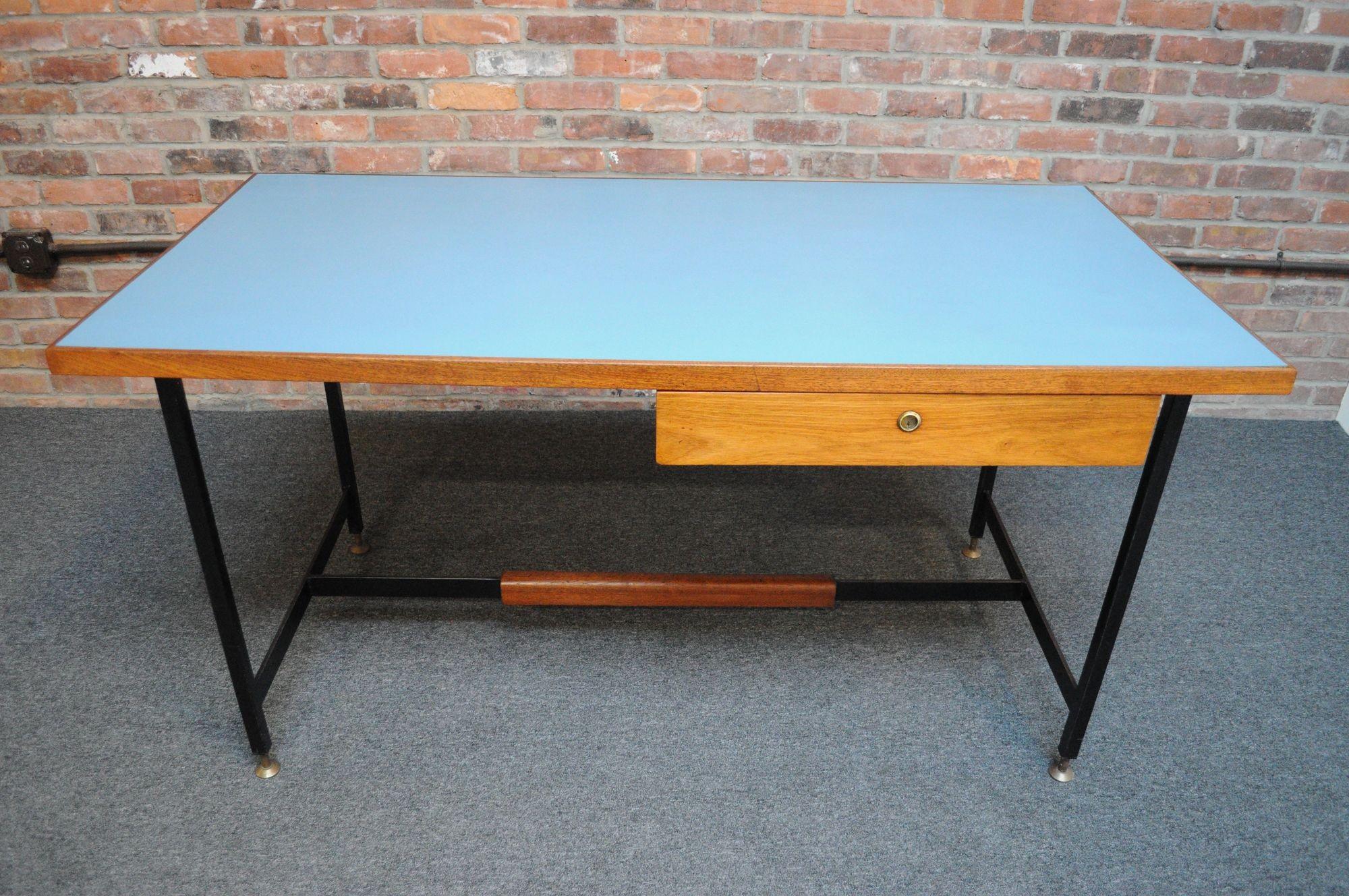 Mid-Century Italian Modern Walnut and Steel Desk with Blue Laminate Top For Sale 11