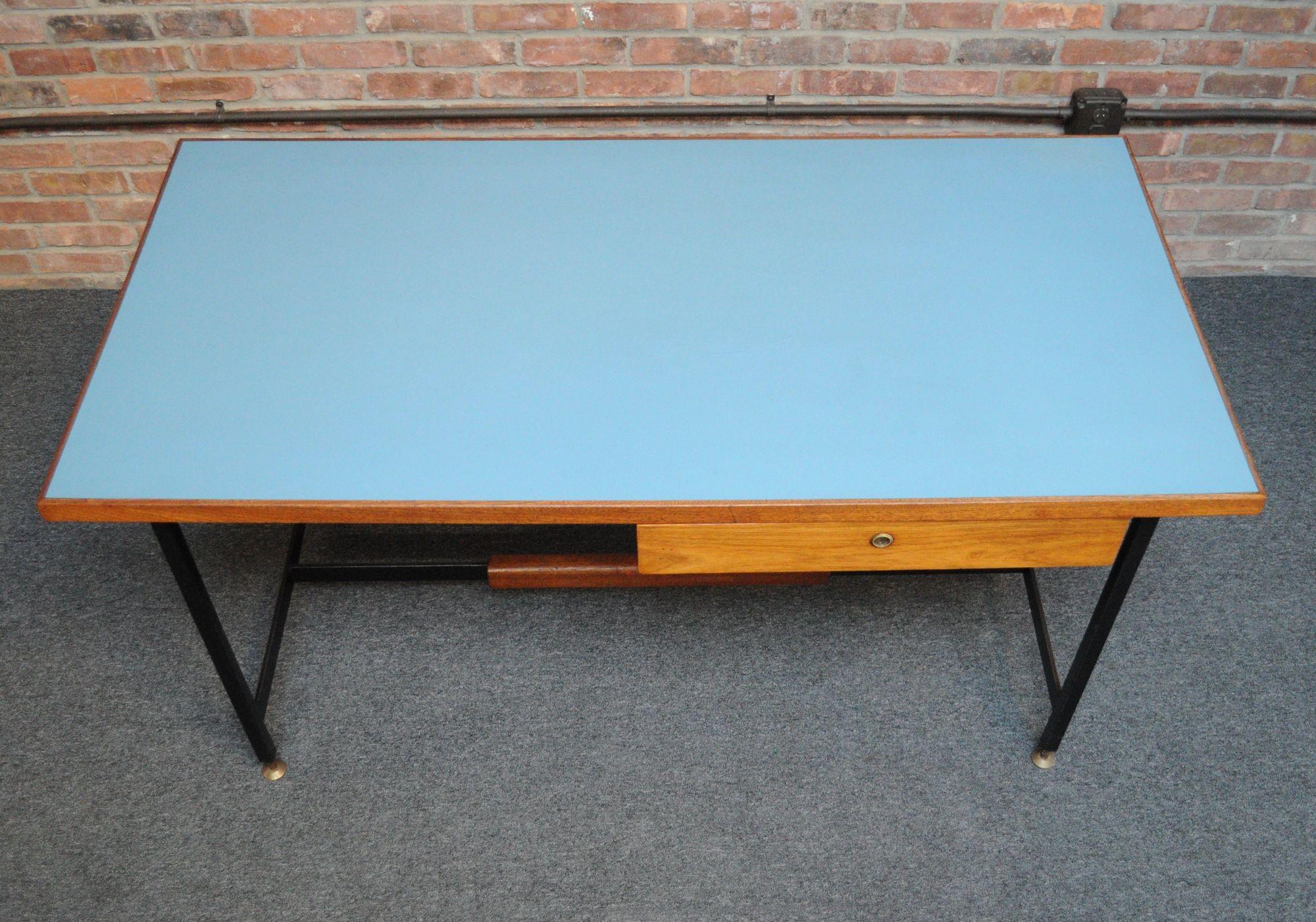 Mid-Century Modern Mid-Century Italian Modern Walnut and Steel Desk with Blue Laminate Top For Sale