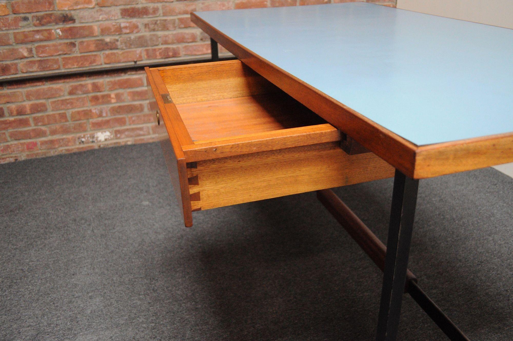 Mid-20th Century Mid-Century Italian Modern Walnut and Steel Desk with Blue Laminate Top For Sale