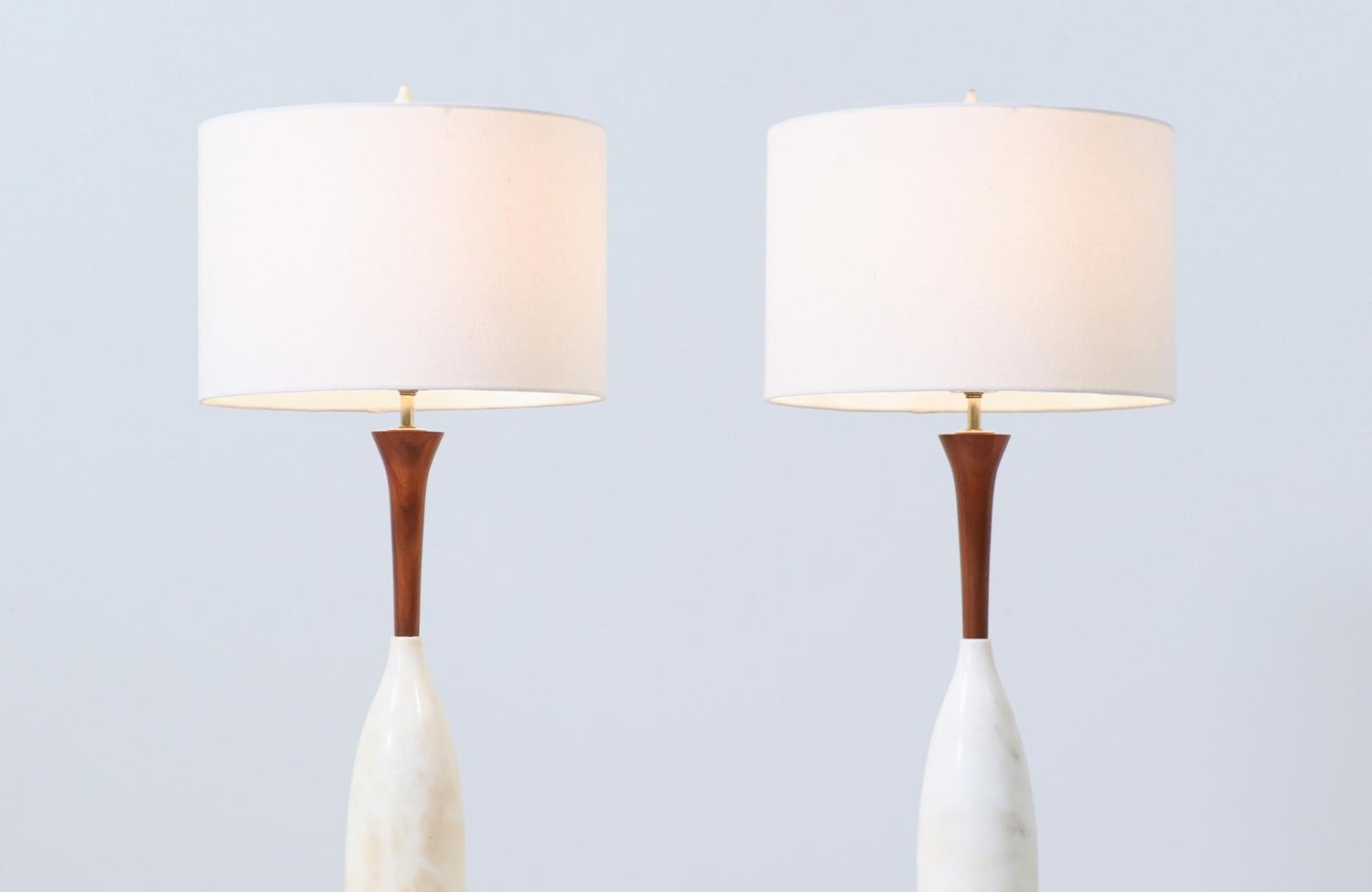 Mid-Century Modern Expertly Restored - Mid century Italian Modern Walnut & Marble Table Lamps For Sale