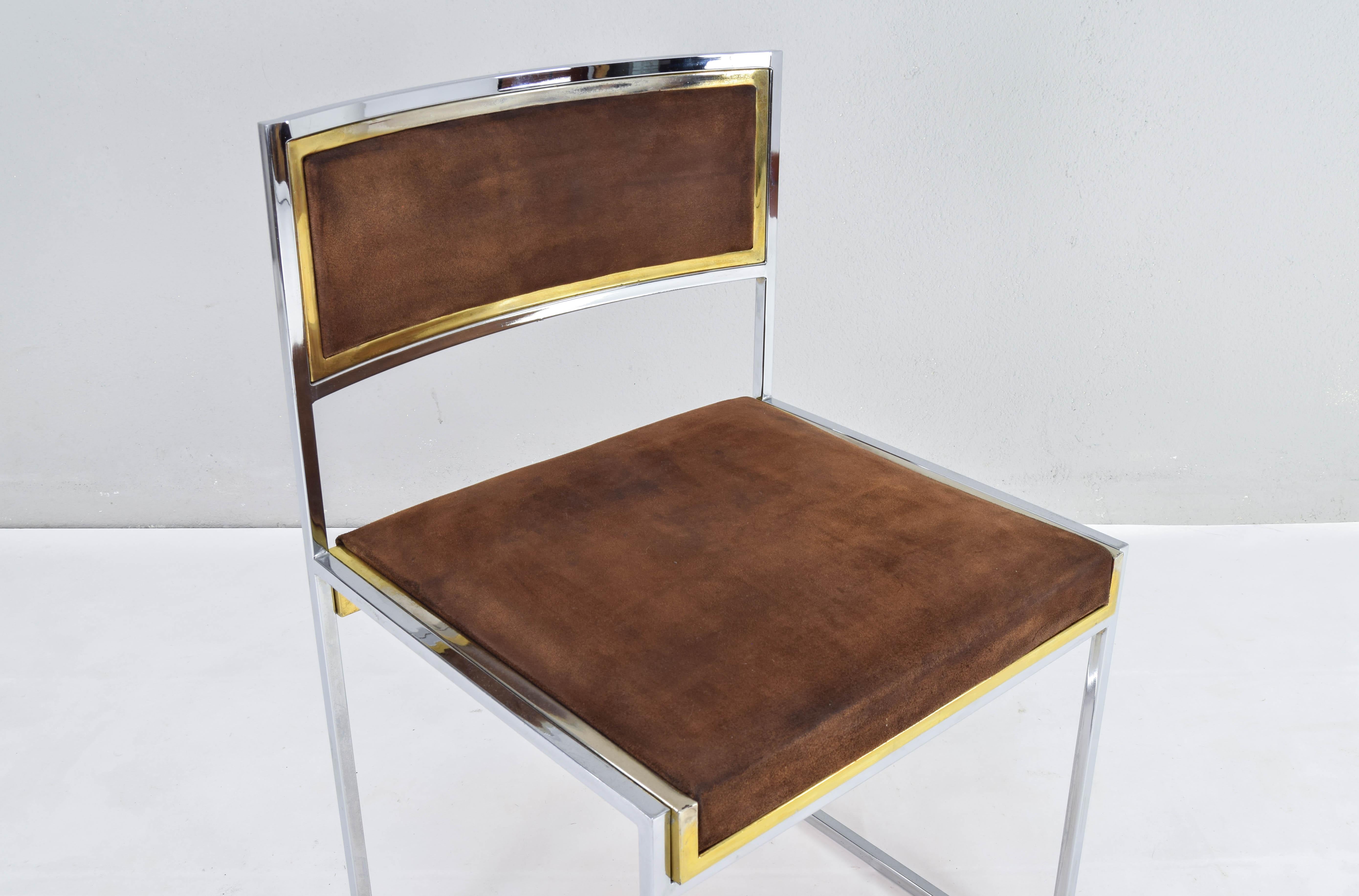 Mid-Century Italian Modern Willy Rizzo Chrome Brass and Suede Dining Chair 5