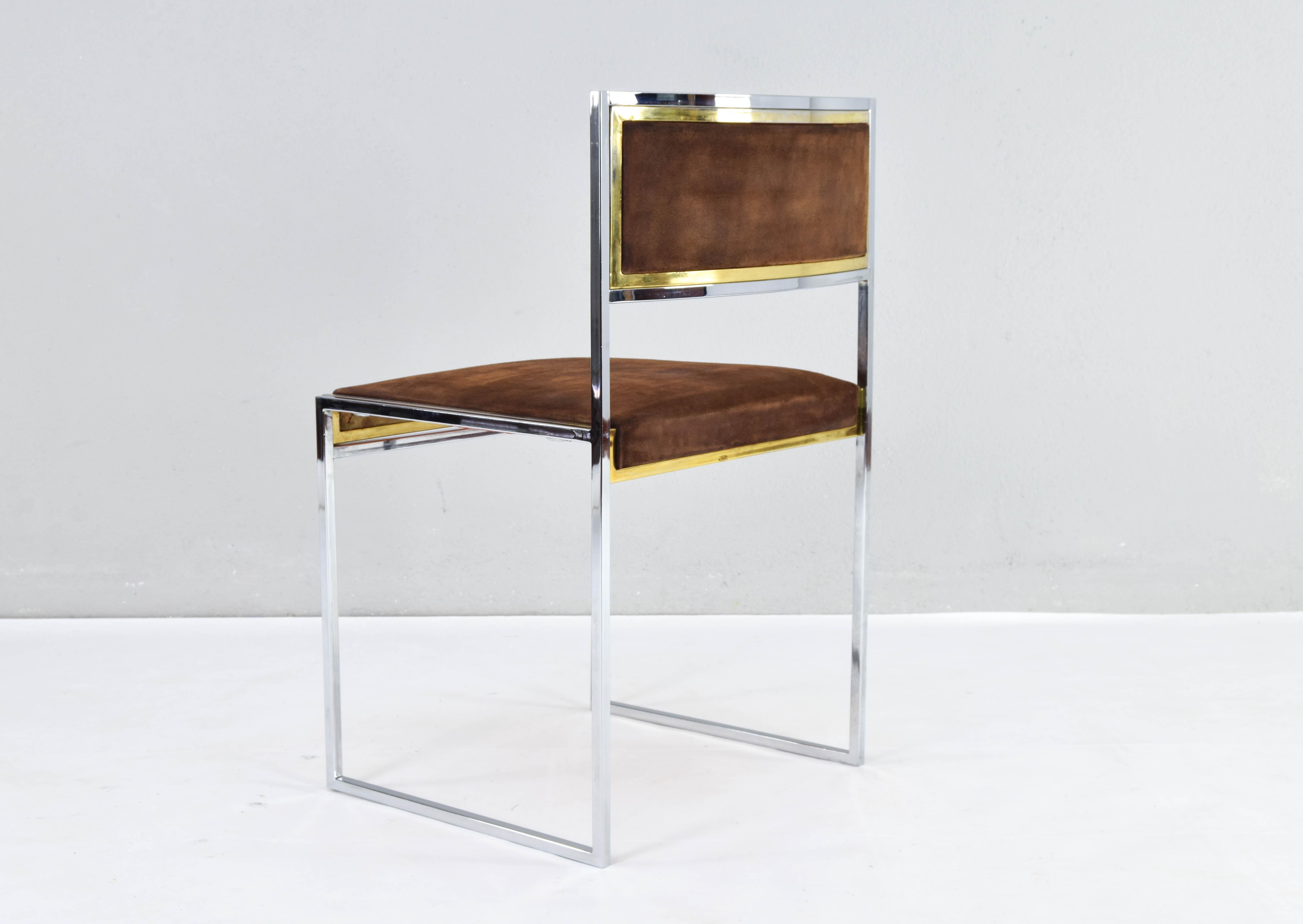 Late 20th Century Mid-Century Italian Modern Willy Rizzo Chrome Brass and Suede Dining Chair