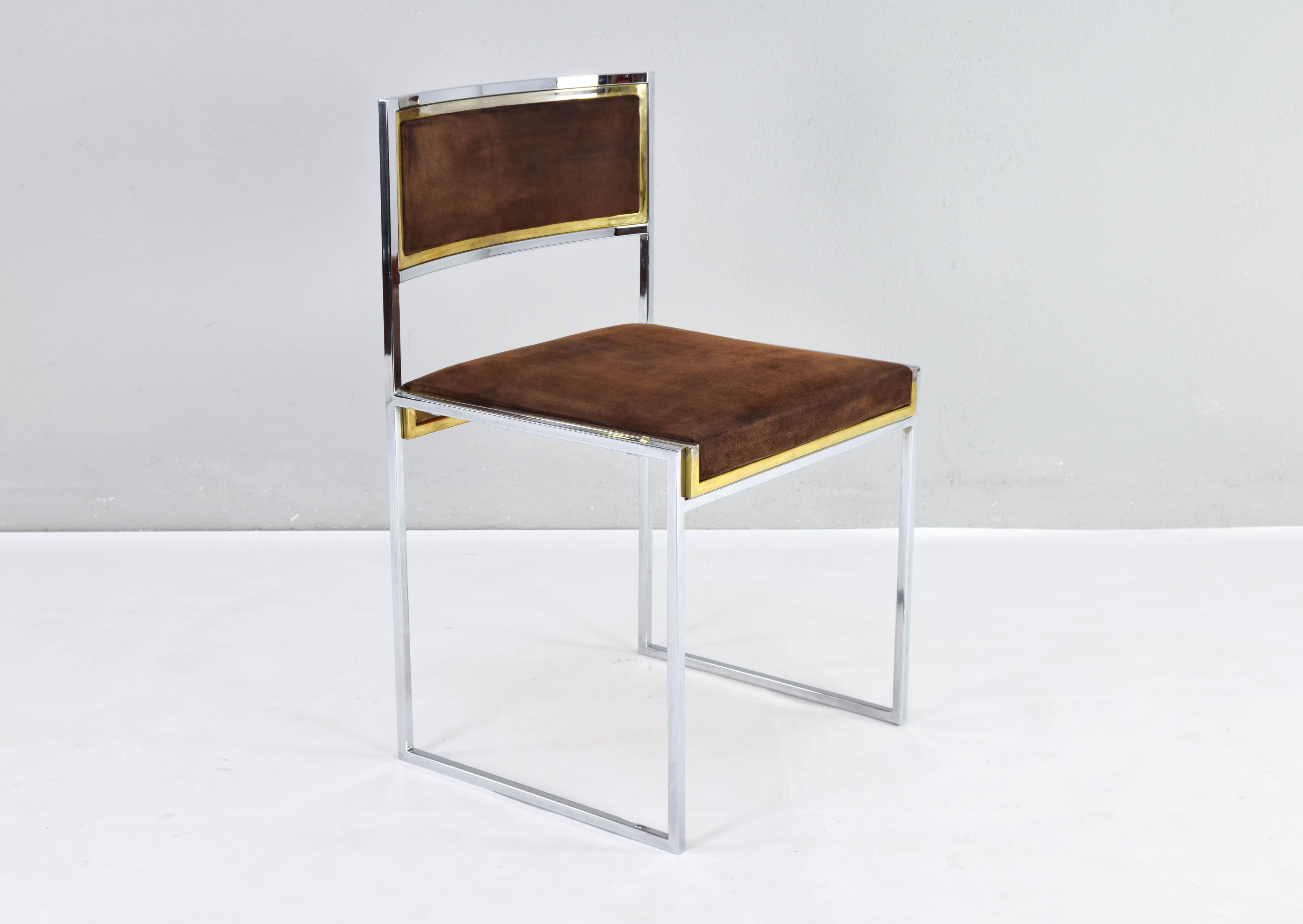 Mid-Century Italian Modern Willy Rizzo Chrome Brass and Suede Dining Chair 4