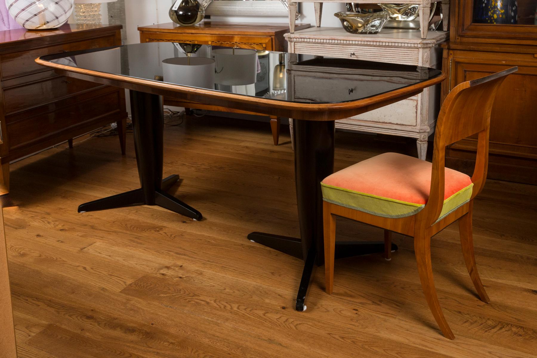 Walnut Mid Century Italian Modernist Double Pedestal Table For Sale
