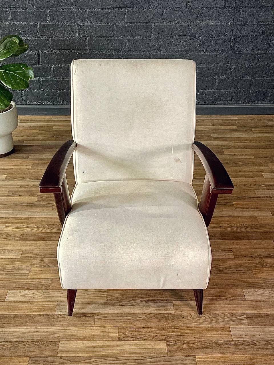 Upholstery Mid-Century Italian Modernist Lounge Chair w/ Sculptural Wood Arms