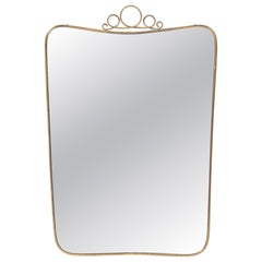 Mid-Century Italian Modernist Rectangular Brass Wall Mirror Scroll Crest, 1950s