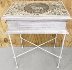 Mid Century Italian Mosaic Polychromed Wood & Wrought Iron Table Box Side Table