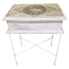 Mid Century Italian Mosaic Polychromed Wood & Wrought Iron Table Box Side Table