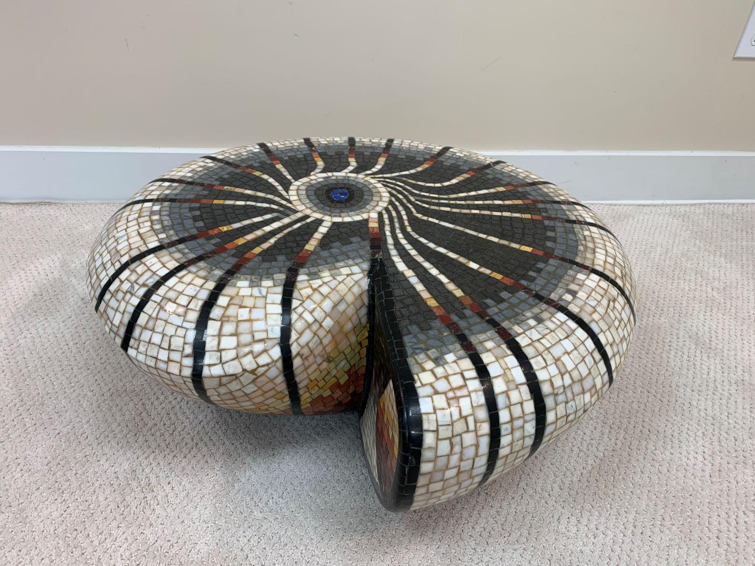 Mid Century Italian mosaic tile cocktail table or floor sculpture in the shape of a snail by Massimiliano Beltrame. Beautiful piece with great color and detail; the table is in excellent vintage condition no signs of chips or cracks. Dimensions 32