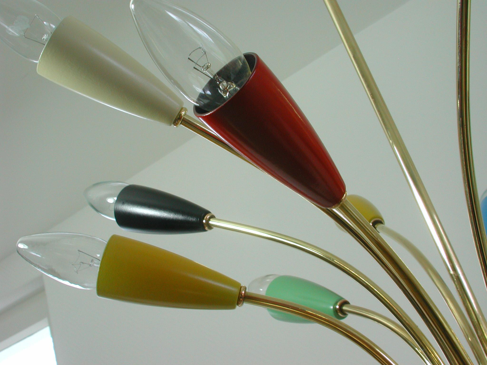 Bakelite Midcentury Italian Multi-Color 12-Light Sputnik Chandelier by Arredoluce, 1950s For Sale