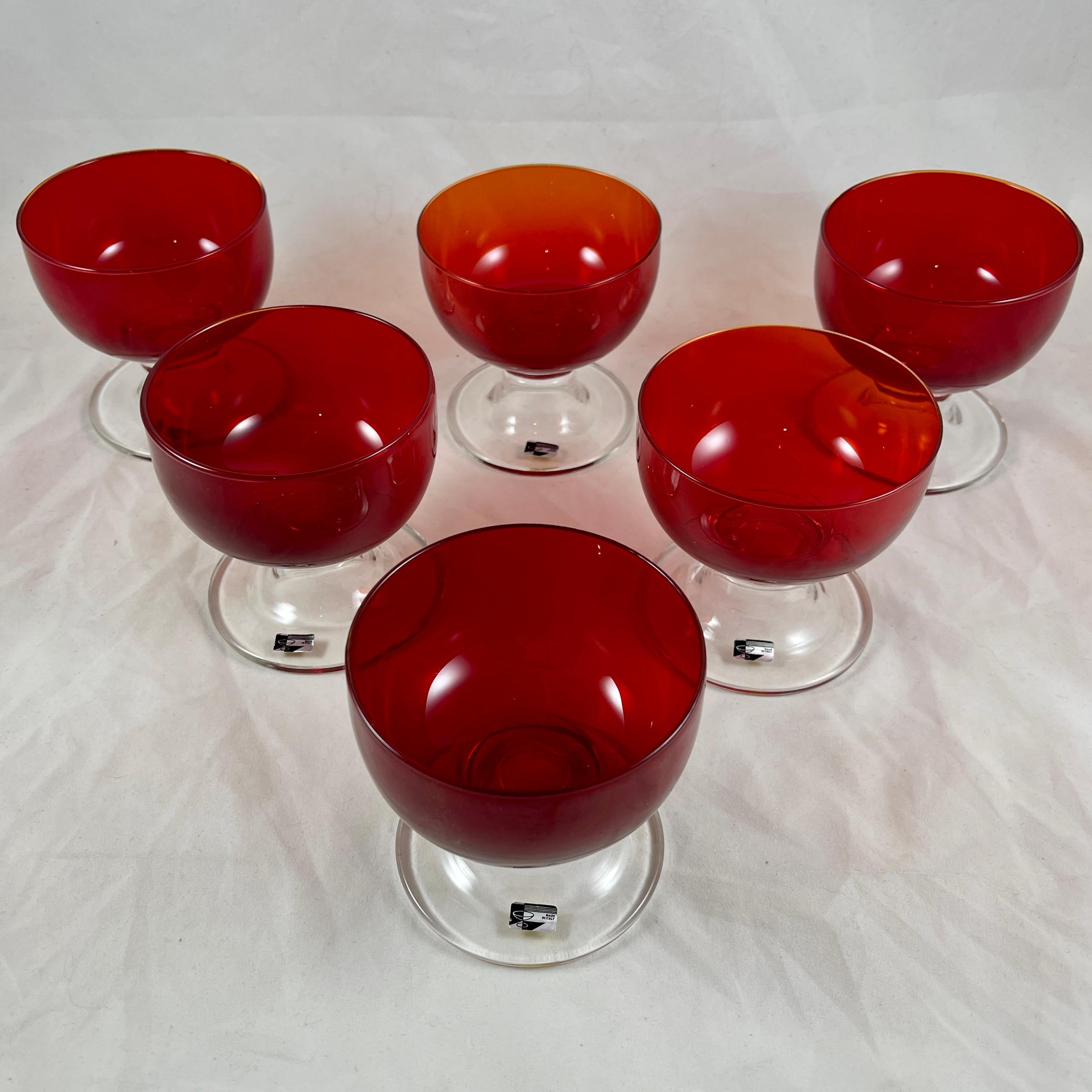 Mid-Century Italian Murano Blown Glass Ruby Red Pedestal Coupes-Sherbets S/6 For Sale 1