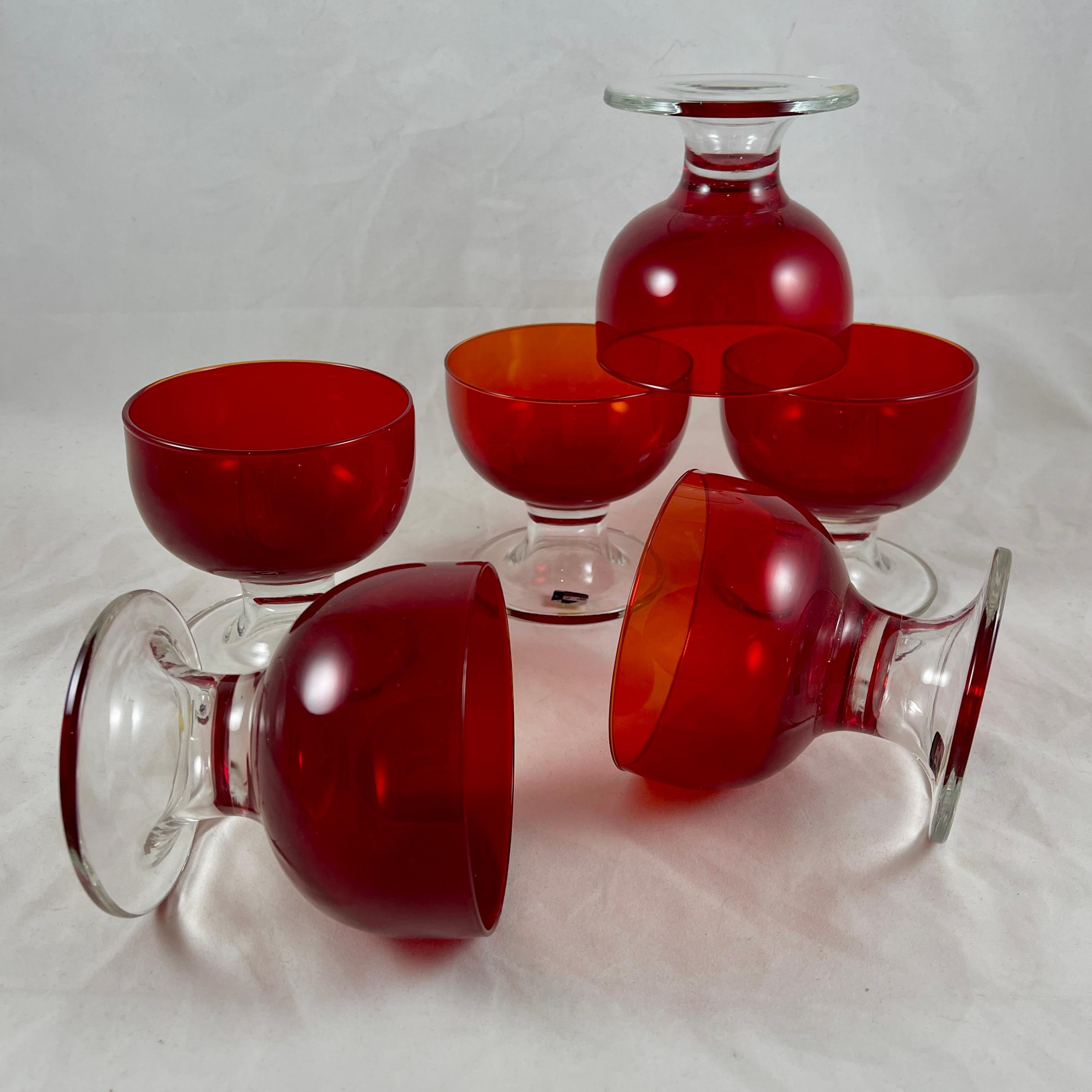 Mid-Century Italian Murano Blown Glass Ruby Red Pedestal Coupes-Sherbets S/6 For Sale 3