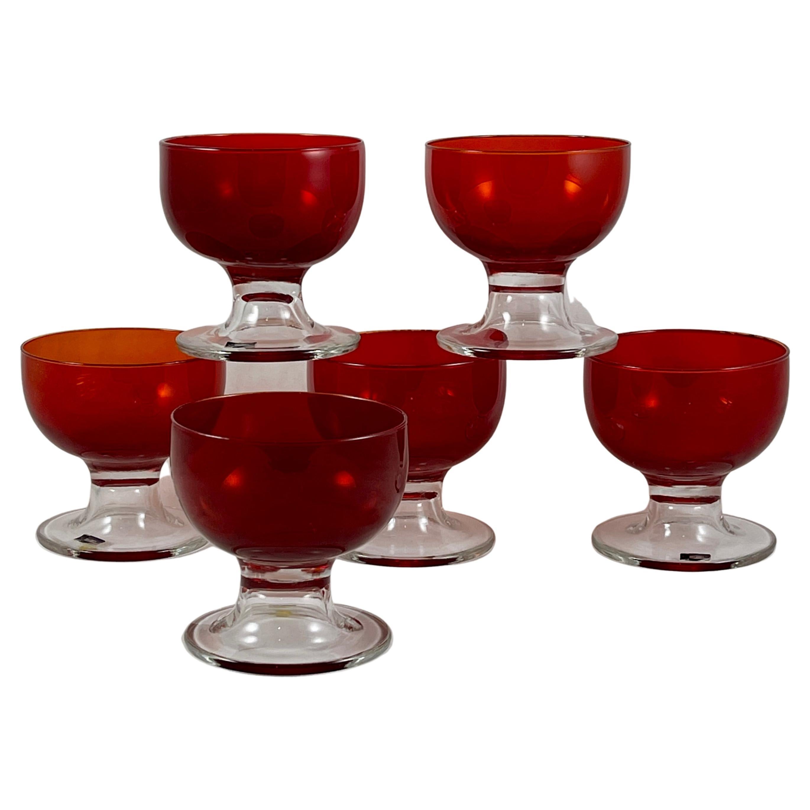 Mid-Century Italian Murano Blown Glass Ruby Red Pedestal Coupes-Sherbets S/6 For Sale