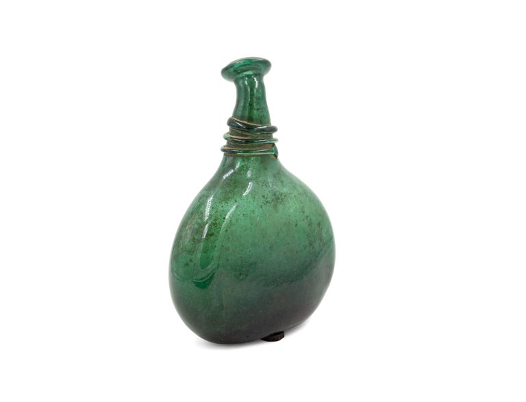 Mid-Century Modern Mid-Century Italian Murano Blown Green Glass Flask For Sale