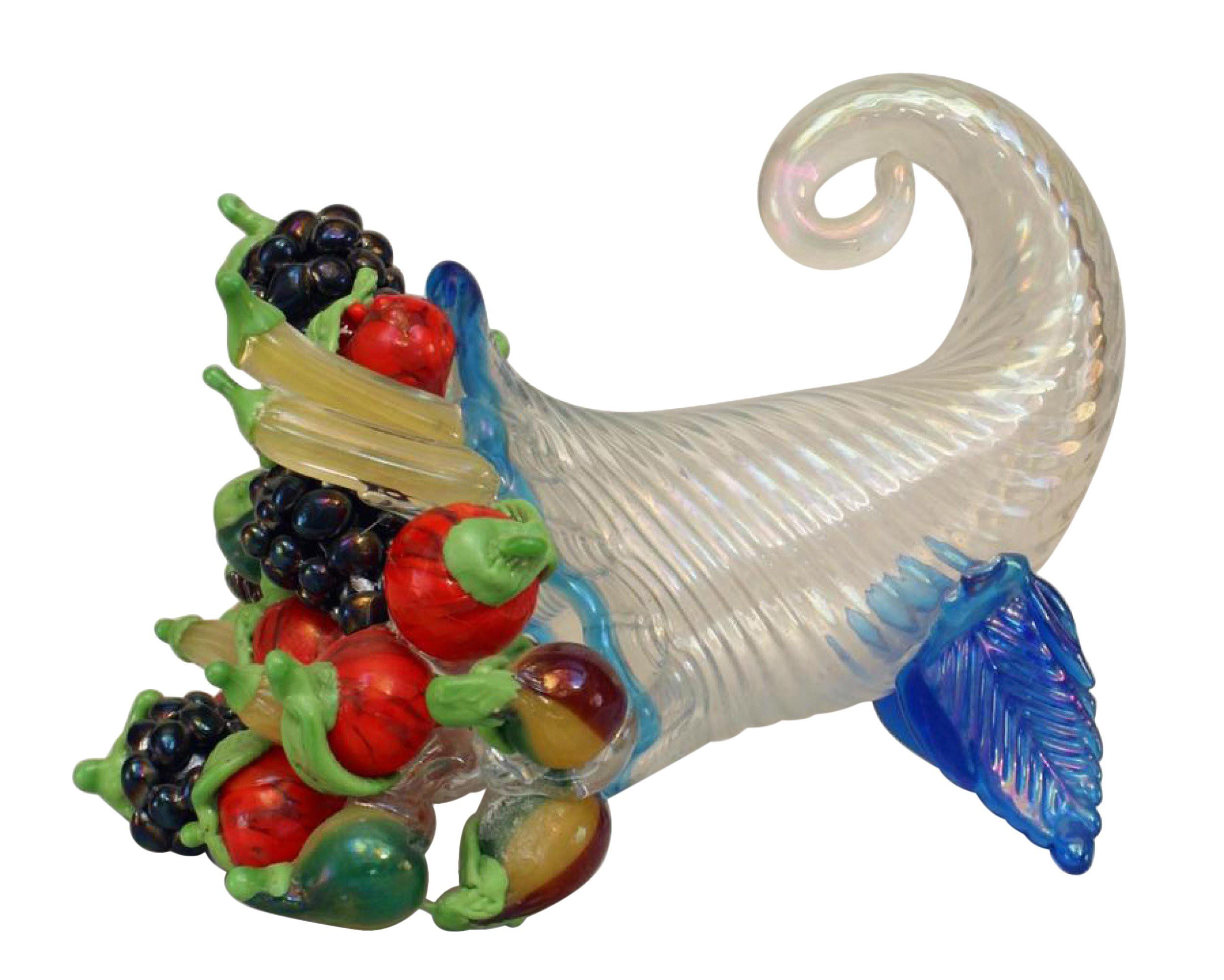 Cornucopia in vetro trasparente di Murano del 1930/40 con frutta e verdura in vetro multicolore e 2 foglie blu (come è - riparazione)