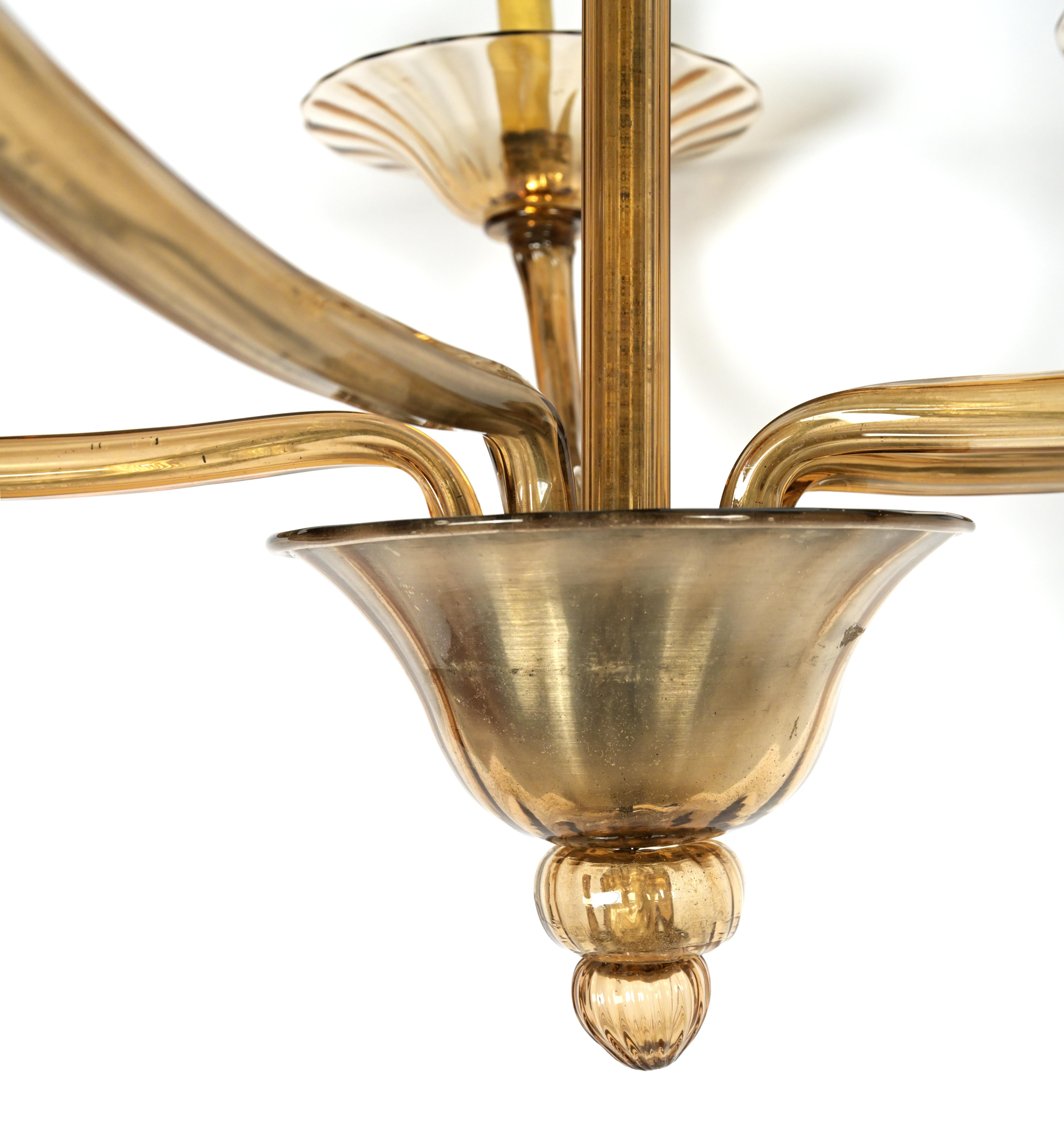 20th Century Midcentury Italian Murano Glass Five Arm Chandelier For Sale