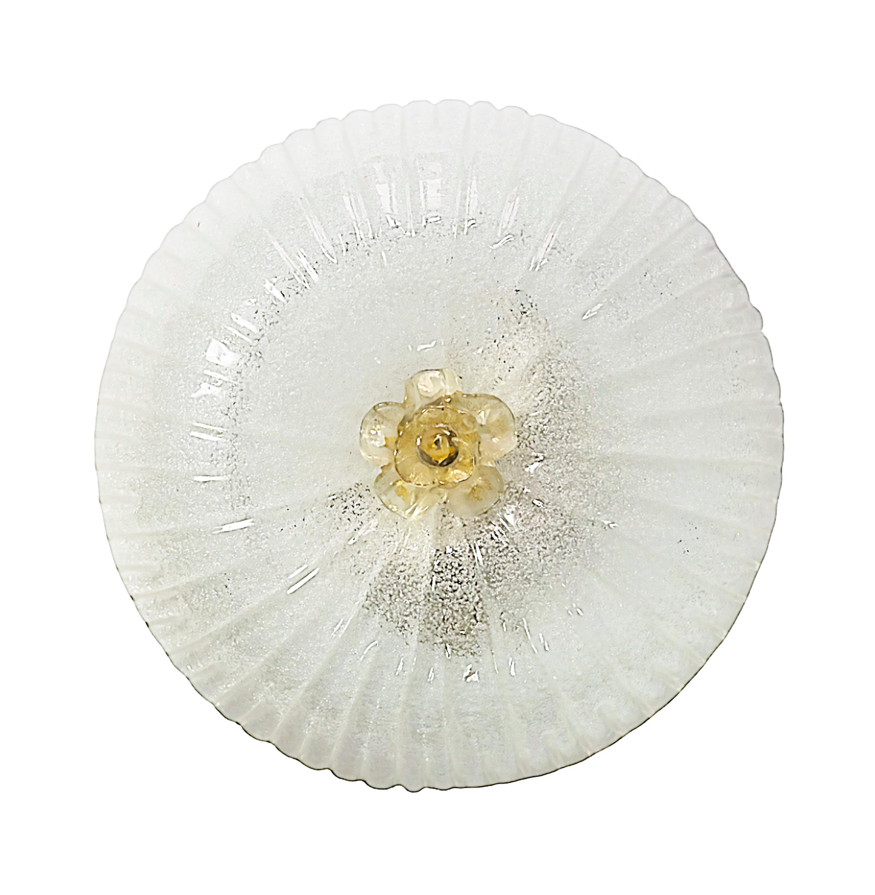 Italian flush mount chandelier hand made in white color Murano glass and flower decor in the center that is created with gold dust inside the glass.
This chandelier includes 2 pcs. E27 bulbs.
It is in a very good/excellent original vintage
