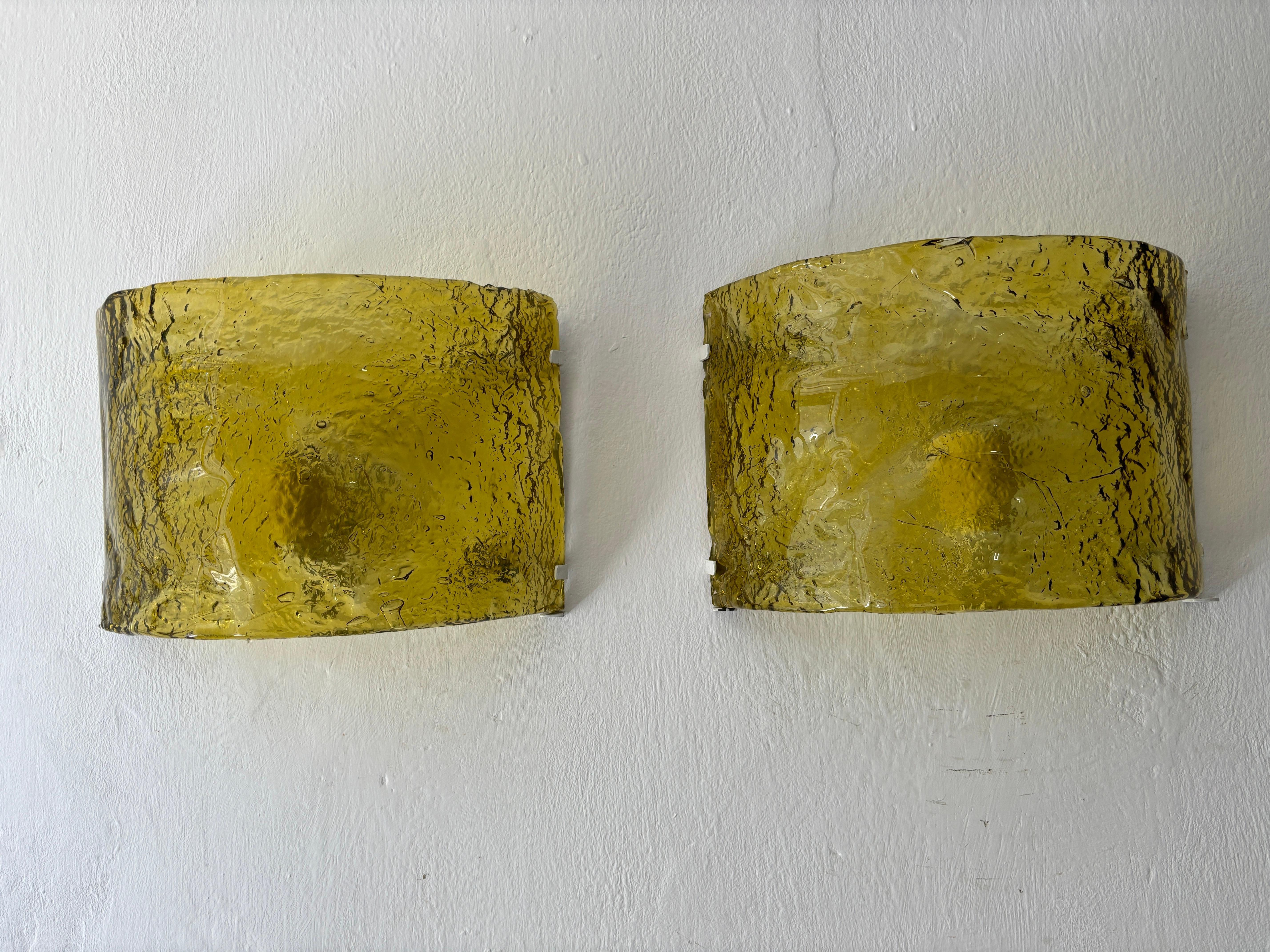 Rare yellow! Housing one light each.  These will be rewired with a certified US UL socket for the USA and appropriate sockets for all other countries and ready to hang.  Heavy yellow Murano glass.  Rare big size.  Free Priority UPS shipping from