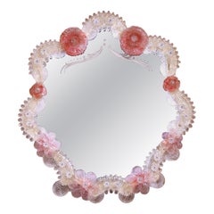 Mid-Century Italian Murano Glass Vanity Mirror with Pink Flowers