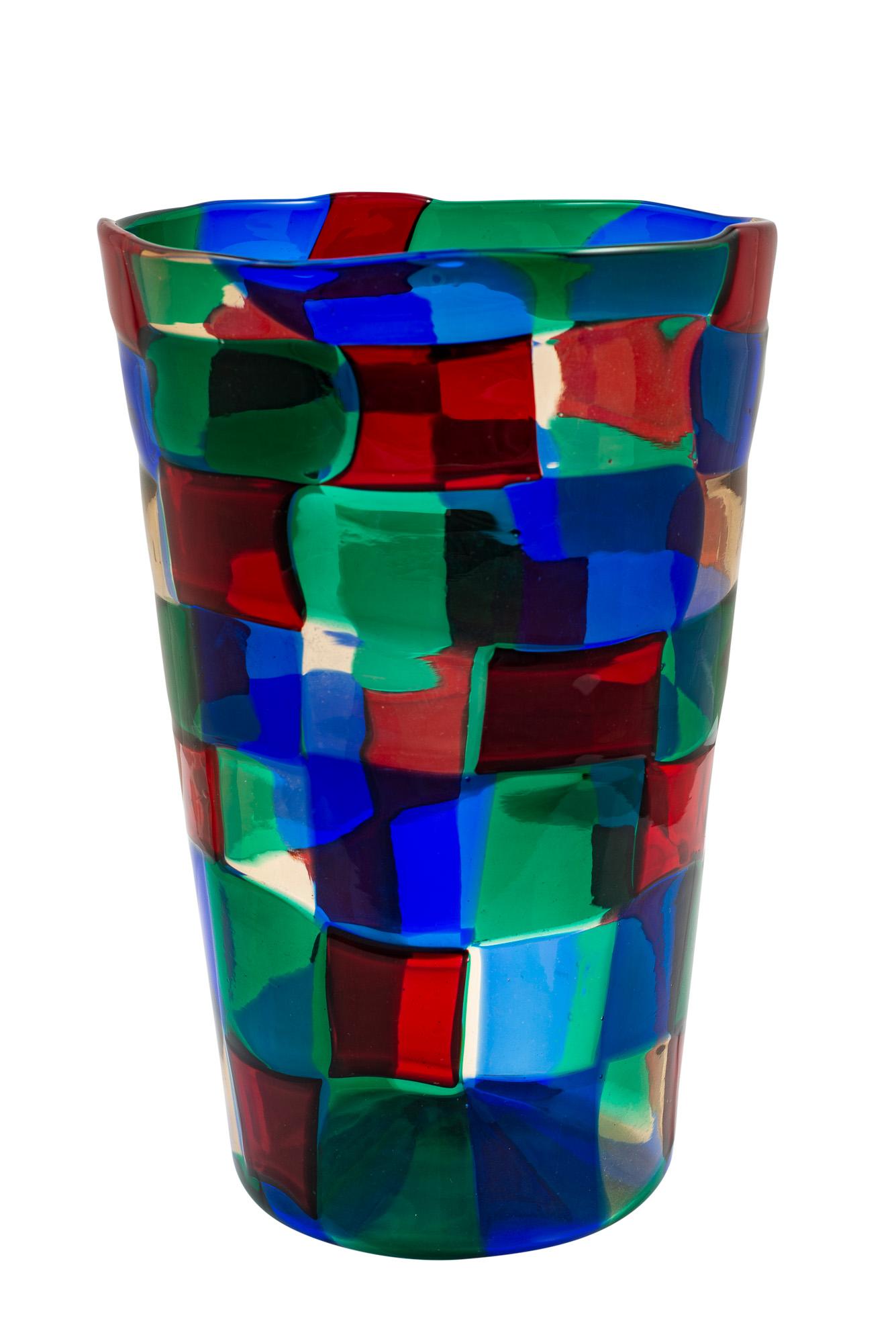 Mid-Century Modern Mid-Century Italian Murano Glass Vase Fulvio Bianconi Venini Blue Red Green For Sale