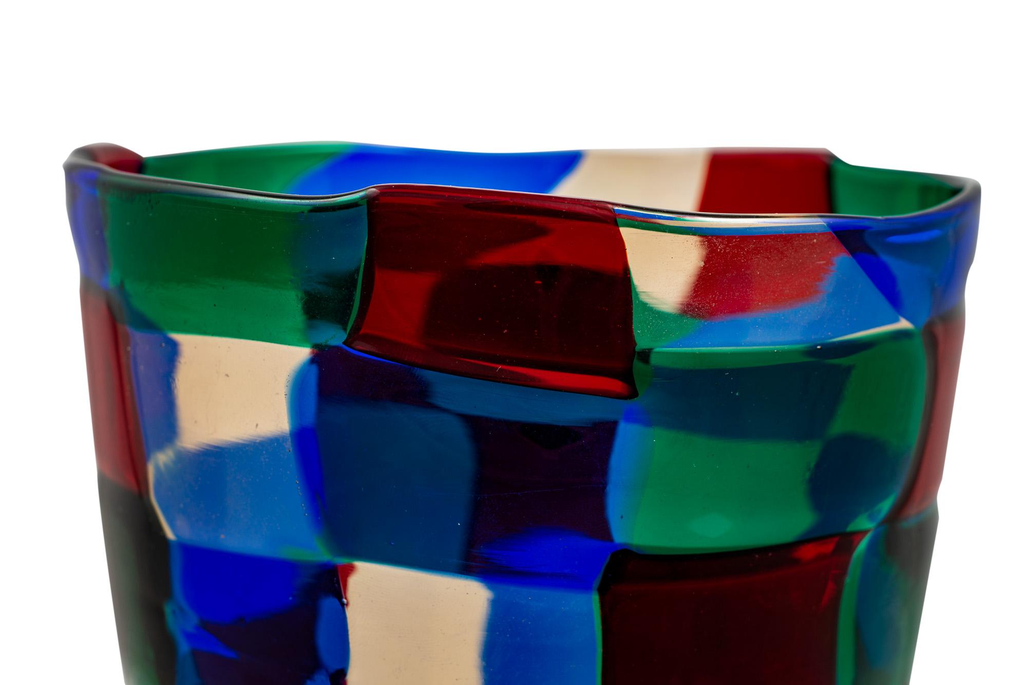 Mid-Century Italian Murano Glass Vase Fulvio Bianconi Venini Blue Red Green In Good Condition For Sale In Klosterneuburg, AT