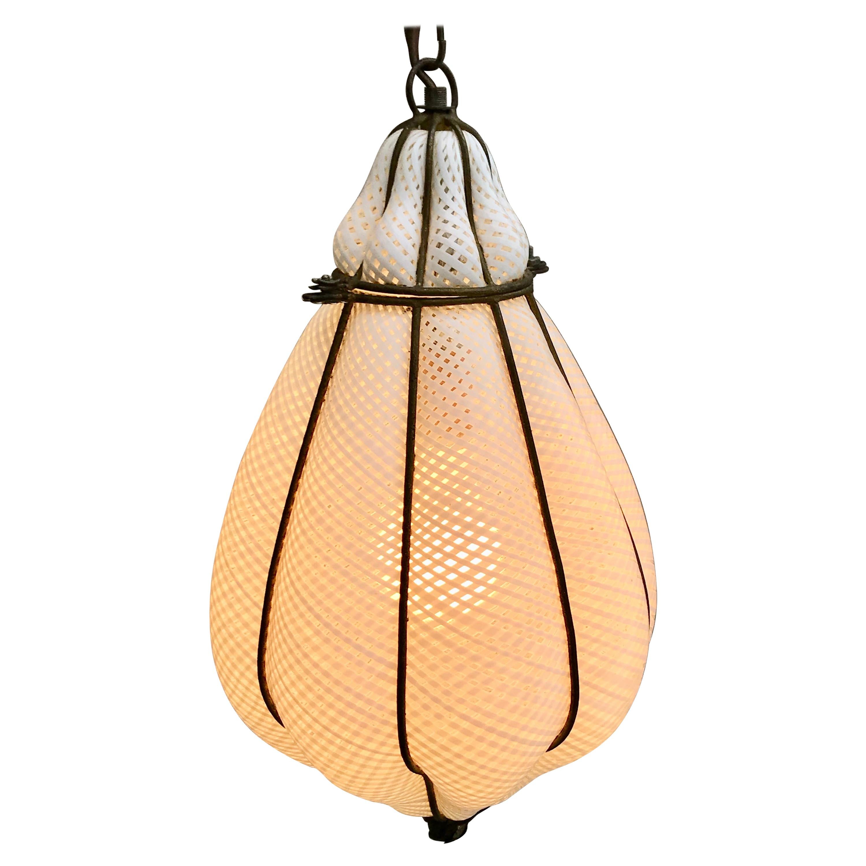 Mid Century Italian Murano Latticino Glass Cage Blown White Pendant Light