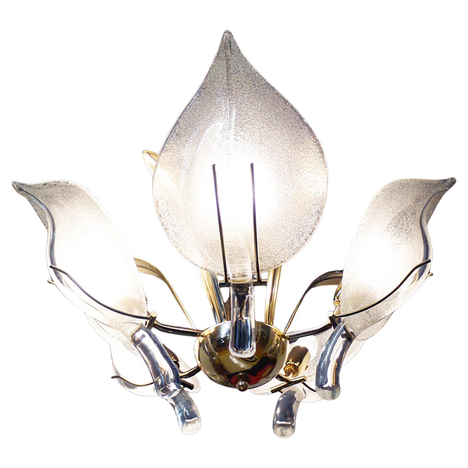 Italienischer Murano-Blatt-Kronleuchter aus der Jahrhundertmitte von Archimede Seguso aus Glas und Messing (Handgefertigt) im Angebot