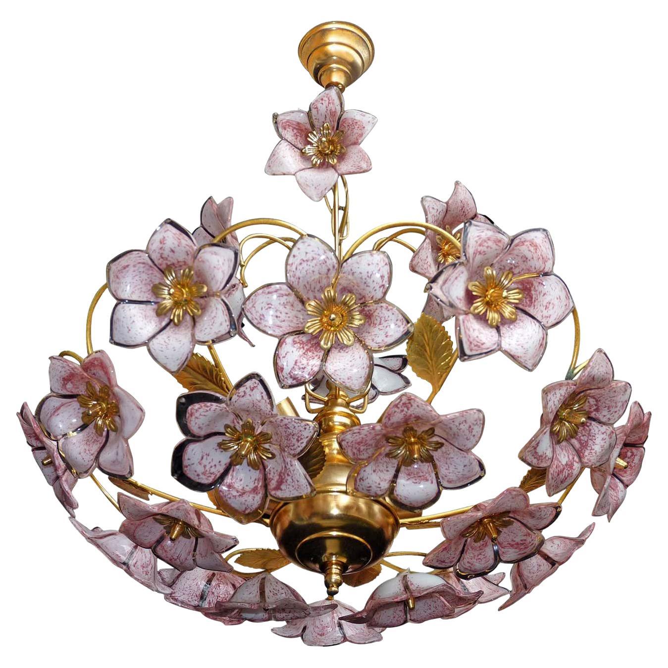 Mid-Century Italian Murano Pink Flower Bouquet Art Glass & Gilt Brass Chandelier For Sale