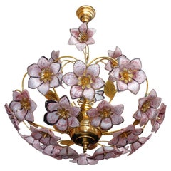 Mid-Century Italian Murano Pink Flower Bouquet Art Glass & Gilt Brass Chandelier