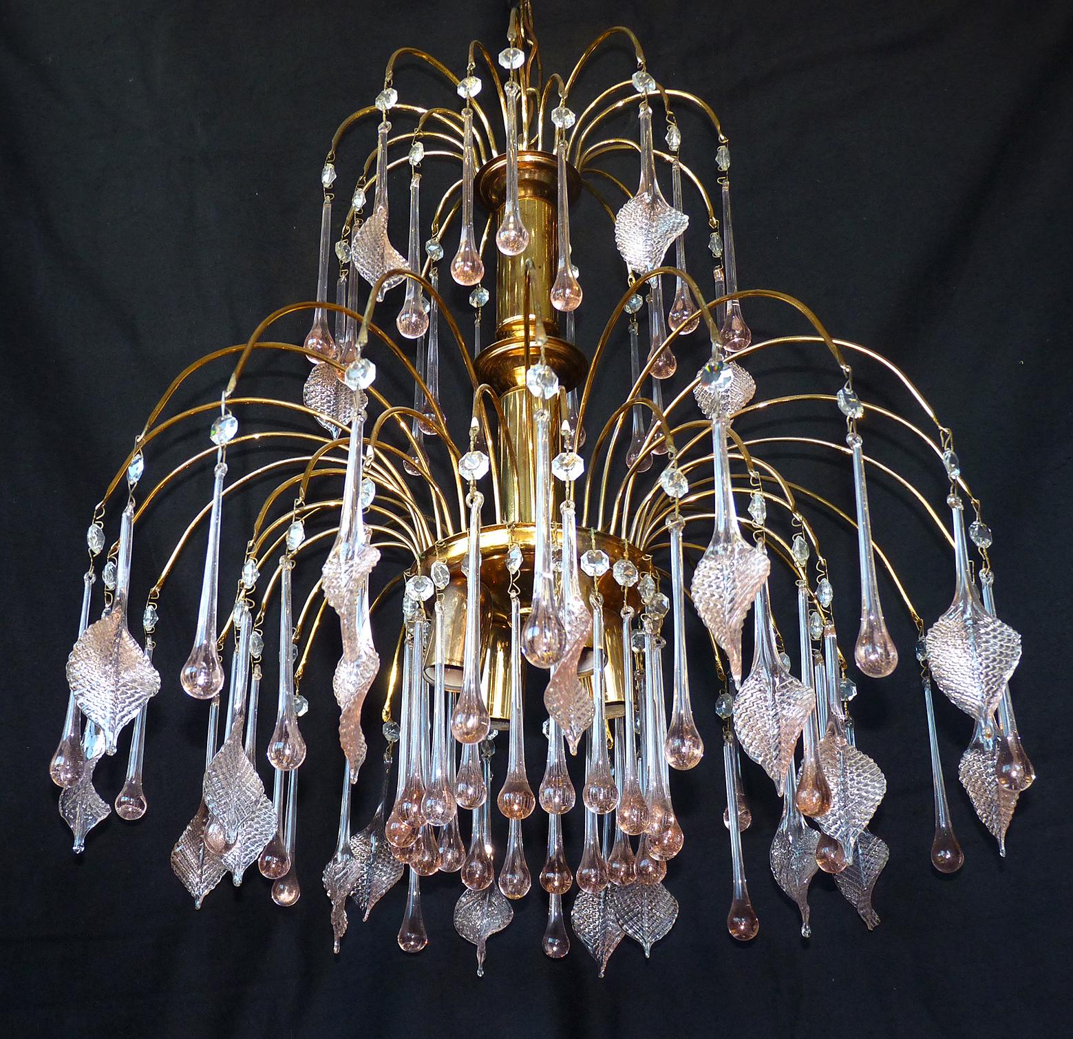 Rare gorgeous midcentury Italian Murano chandelier in the style of Venini.
Pink fogged crystal teardrops, pink glass flowers and gilt flowers waterfall 3 tiers wedding cake 
Measures:
Diameter: 20 in/ 50 cm
Height: 40 in (11.8 in/chain)/ 100 cm (30