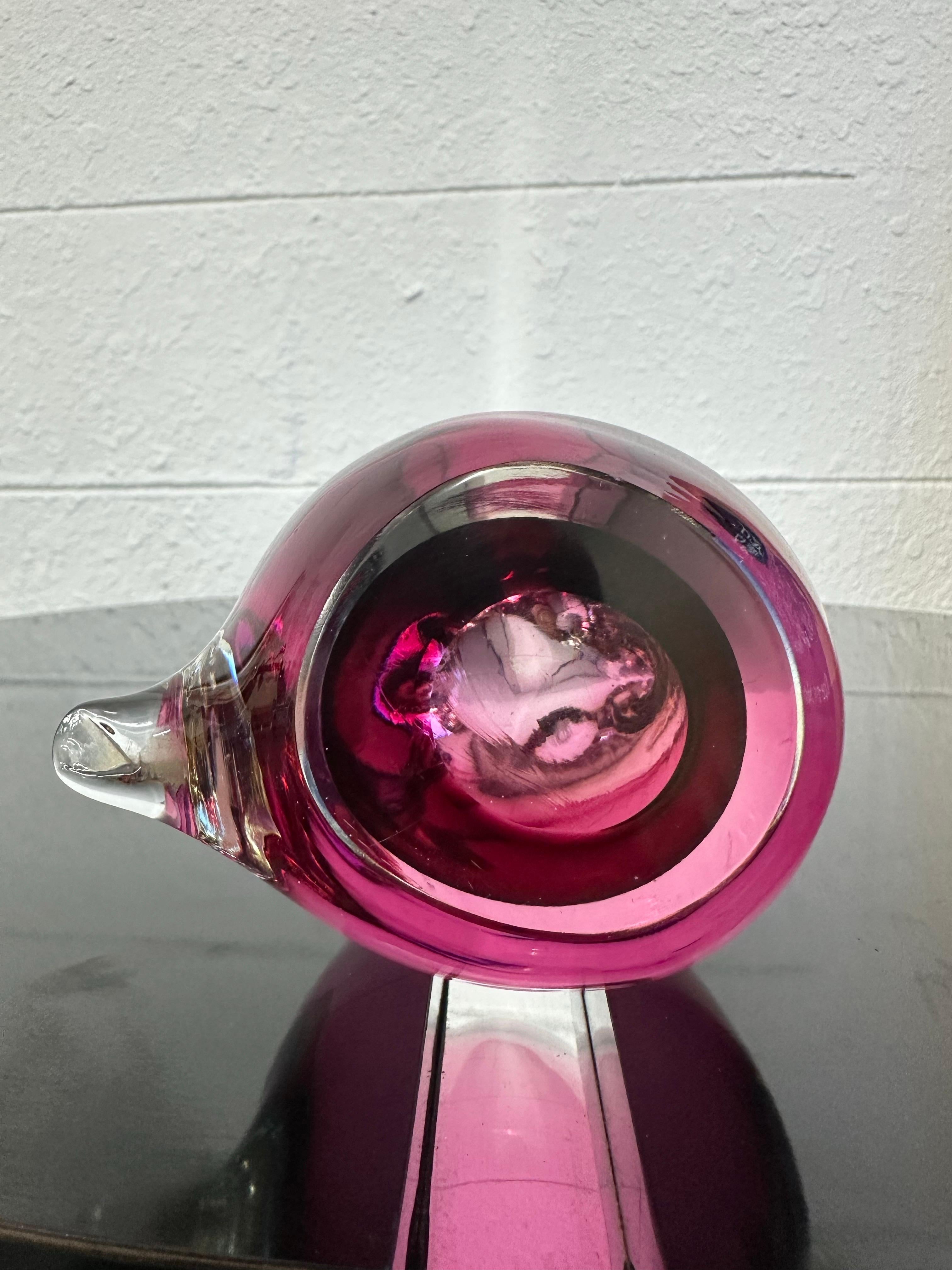 Art Glass Mid Century Italian Murano Sommerso Glass Bird Pink and Clear For Sale