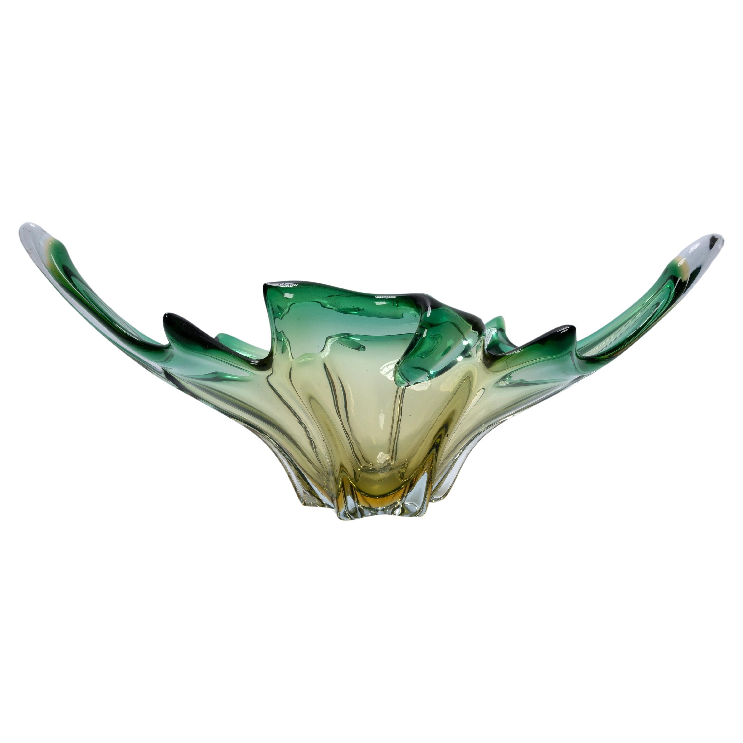 Mid Century Italian Murano Sommerso Green And Yellow 'Splash' Bowl Centre Piece  For Sale